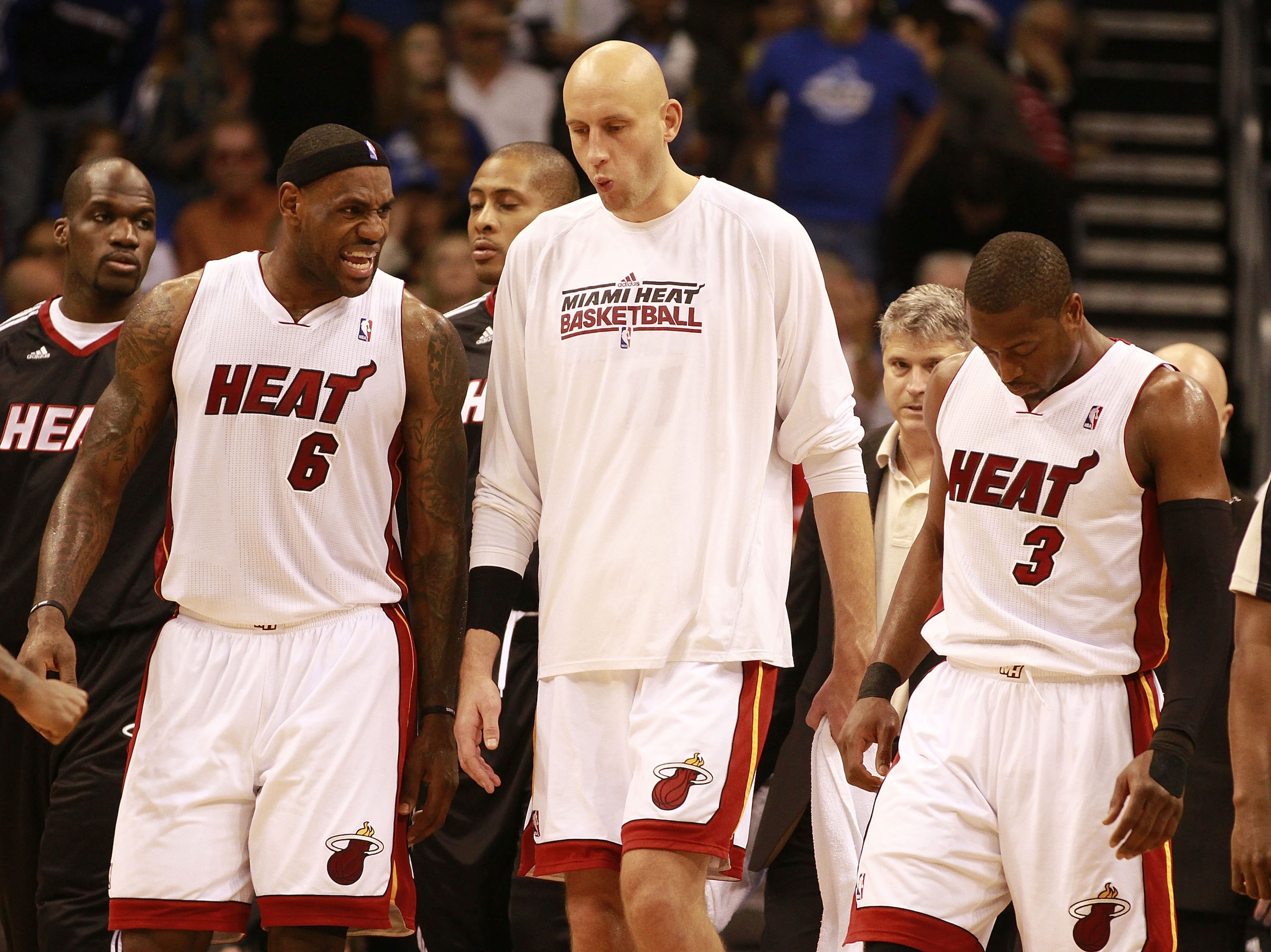 ORLANDO, FL - FEBRUARY 03: Forwad LeBron James #6, Center Zydrunas Ilgauskas and Guard Dwyane Wade #3 of the Miami Heat against the Orlando Magic at Amway Arena on February 3, 2011 in Orlando, Florida. NOTE TO USER: User expressly acknowledges and agrees ORLANDO, FL - FEBRUARY 03: Forwad LeBron James #6, Center Zydrunas Ilgauskas and Guard Dwyane Wade #3 of the Miami Heat against the Orlando Magic at Amway Arena on February 3, 2011 in Orlando, Florida. NOTE TO USER: User expressly acknowledges and agrees