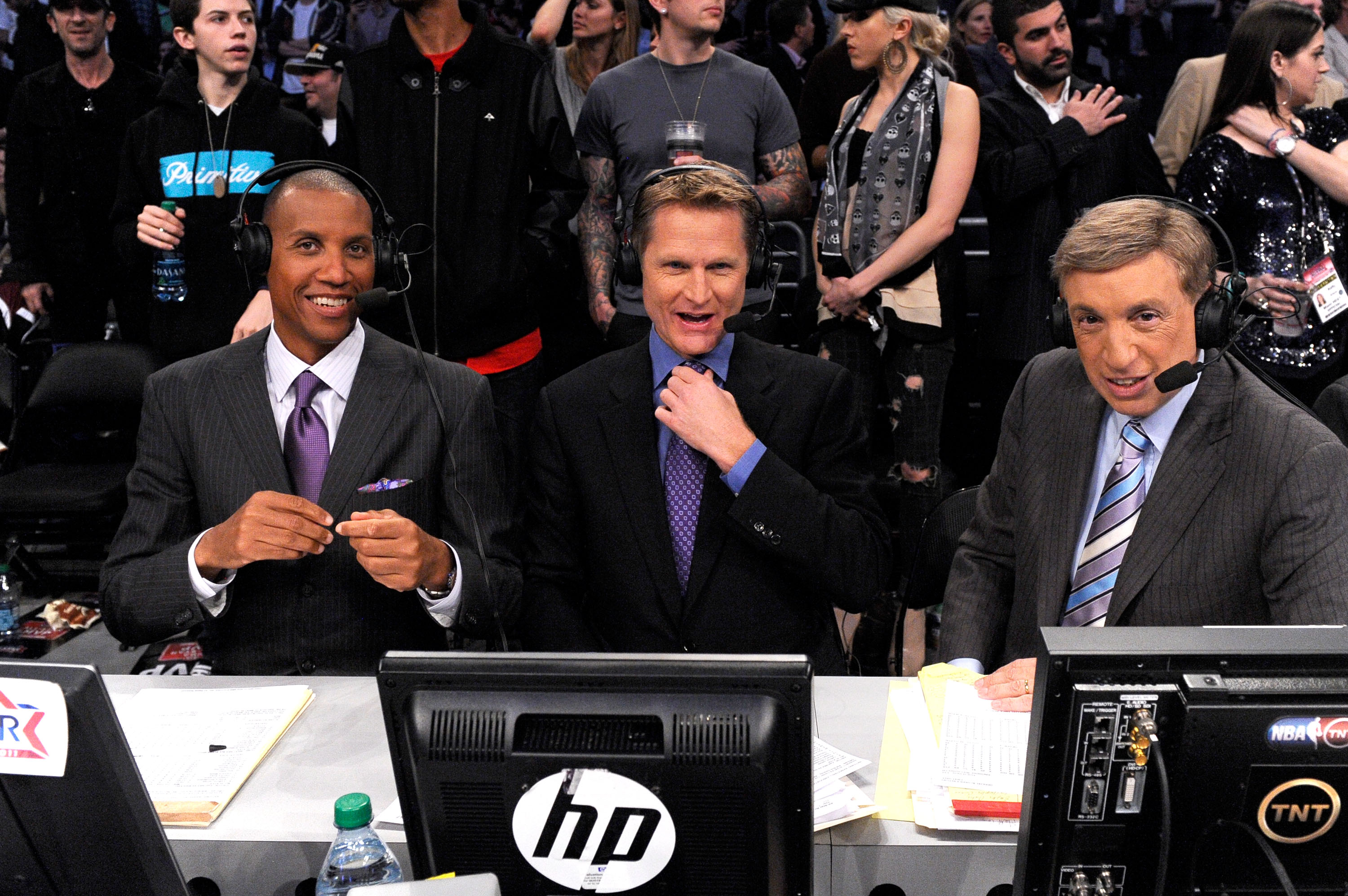 LOS ANGELES, CA - FEBRUARY 20:  Reggie Miller, Steve Kerr and Marv Albert of TNT in the 2011 NBA All-Star Game at Staples Center on February 20, 2011 in Los Angeles, California. NOTE TO USER: User expressly acknowledges and agrees that, by downloading and
