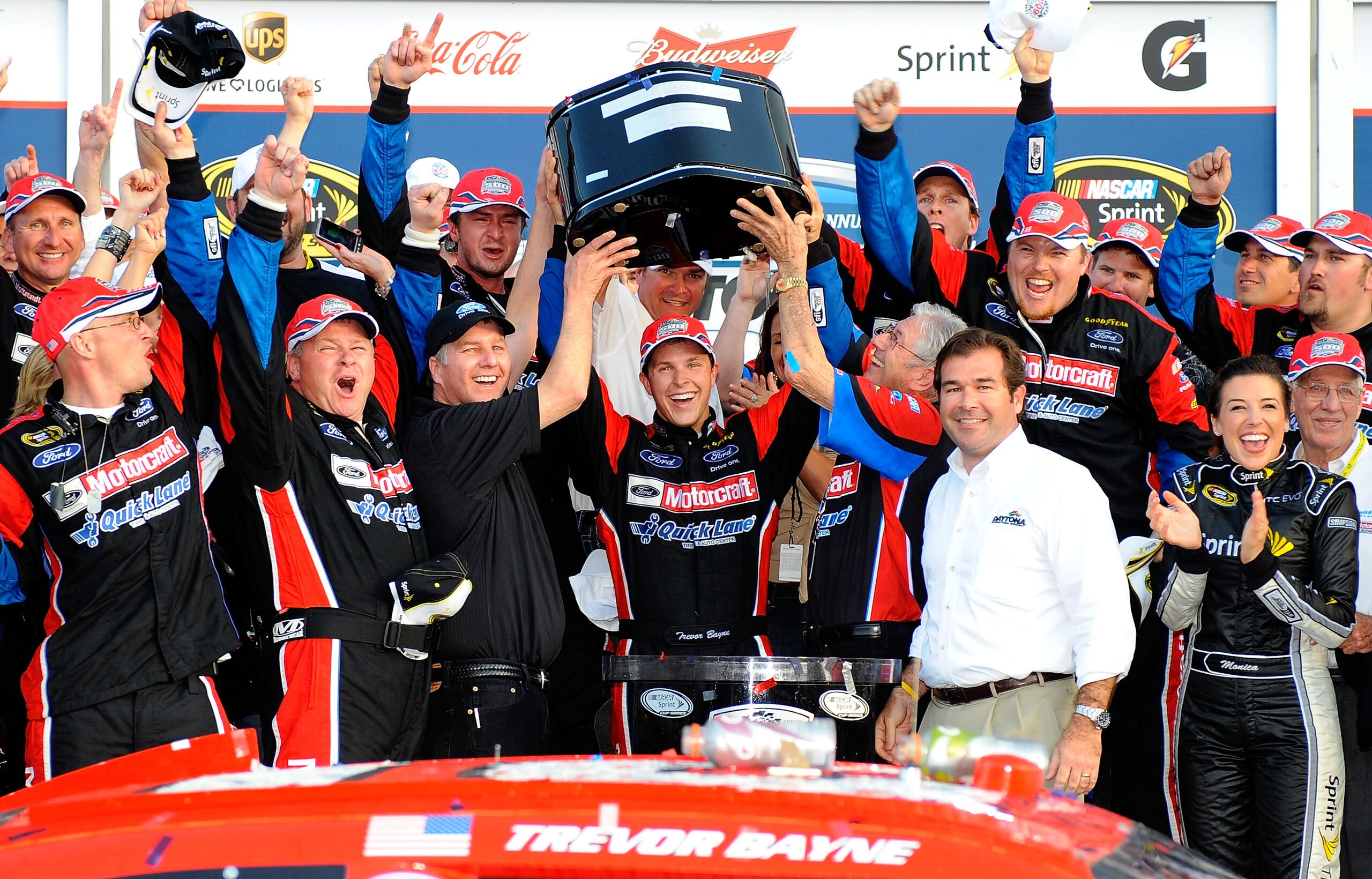 DAYTONA BEACH, FL - FEBRUARY 20:  Trevor Bayne, driver of the #21 Motorcraft/Quick Lane Ford, celebrates in Victory Lane after winning the NASCAR Sprint Cup Series Daytona 500 at Daytona International Speedway on February 20, 2011 in Daytona Beach, Florid
