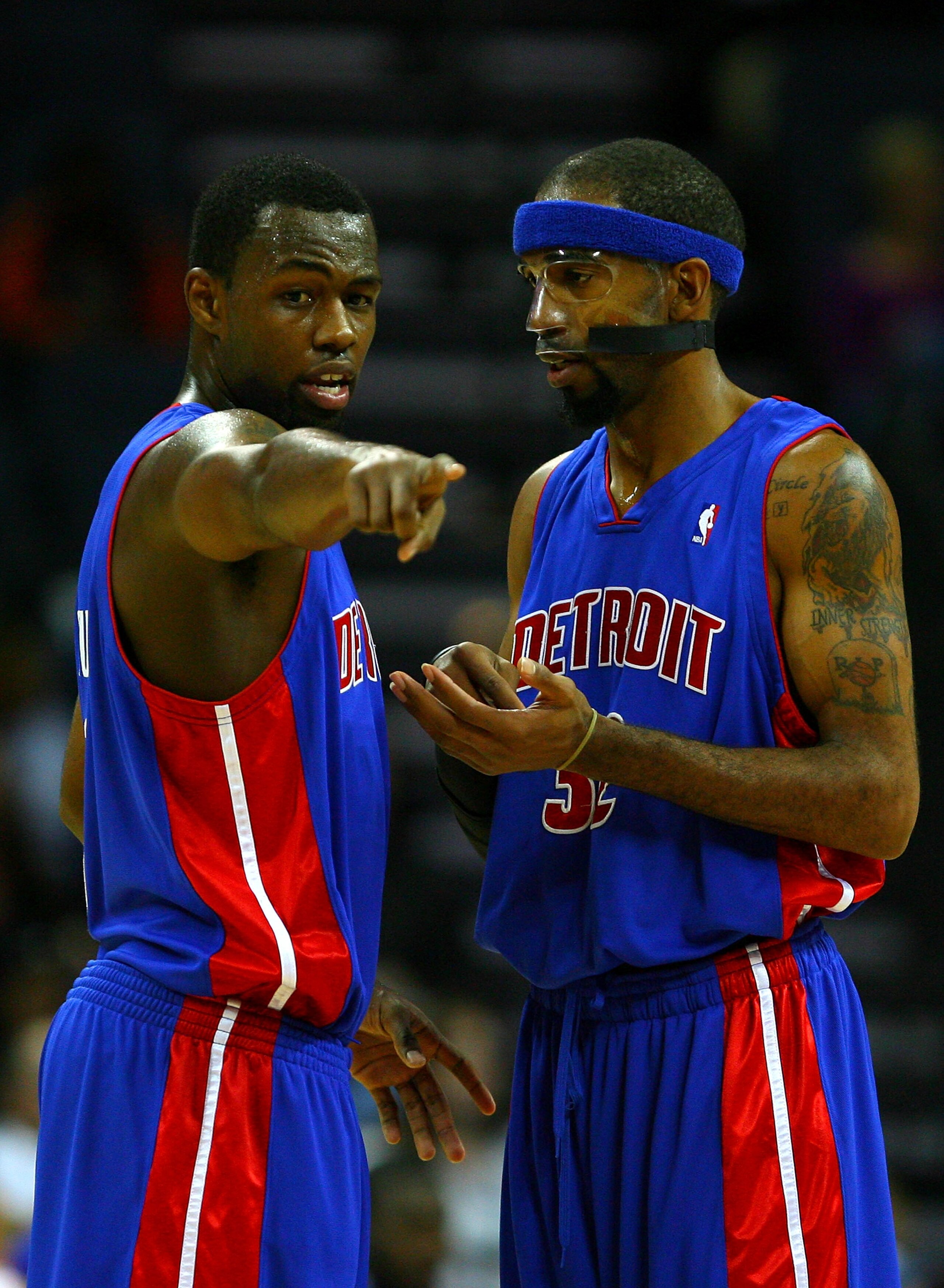 CHARLOTTE, NC - NOVEMBER 03:  Richard Hamilton #32 and teammate Rodney Stuckey #3 of the Detroit Pistons talk during their game against the Charlotte Bobcats at Time Warner Cable Arena on November 3, 2008 in Charlotte, North Carolina. NOTE TO USER: User e