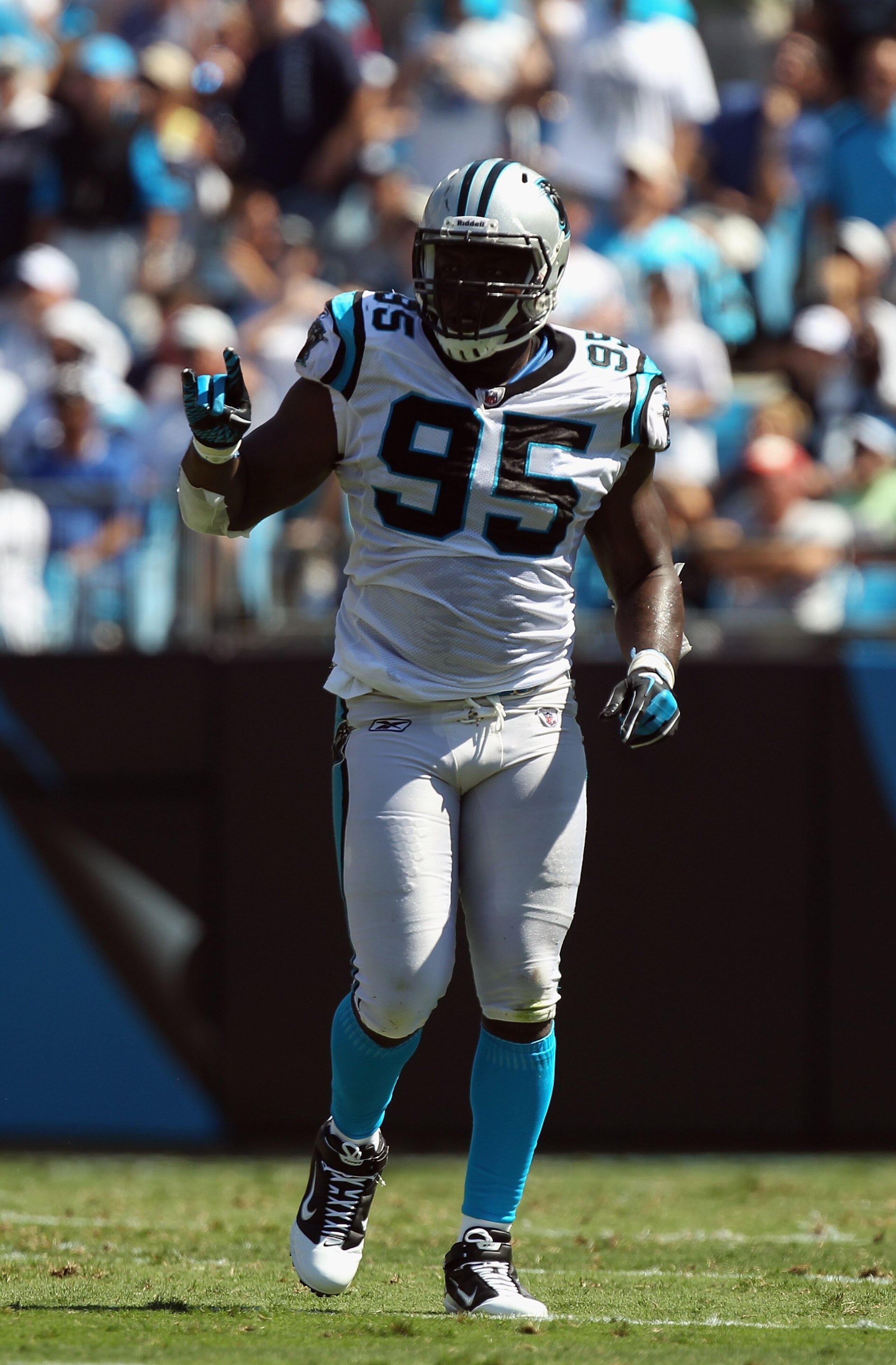 CHARLOTTE, NC - SEPTEMBER 19:  Charles Johnson #95 of the Carolina Panthers during their game at Bank of America Stadium on September 19, 2010 in Charlotte, North Carolina.  (Photo by Streeter Lecka/Getty Images)