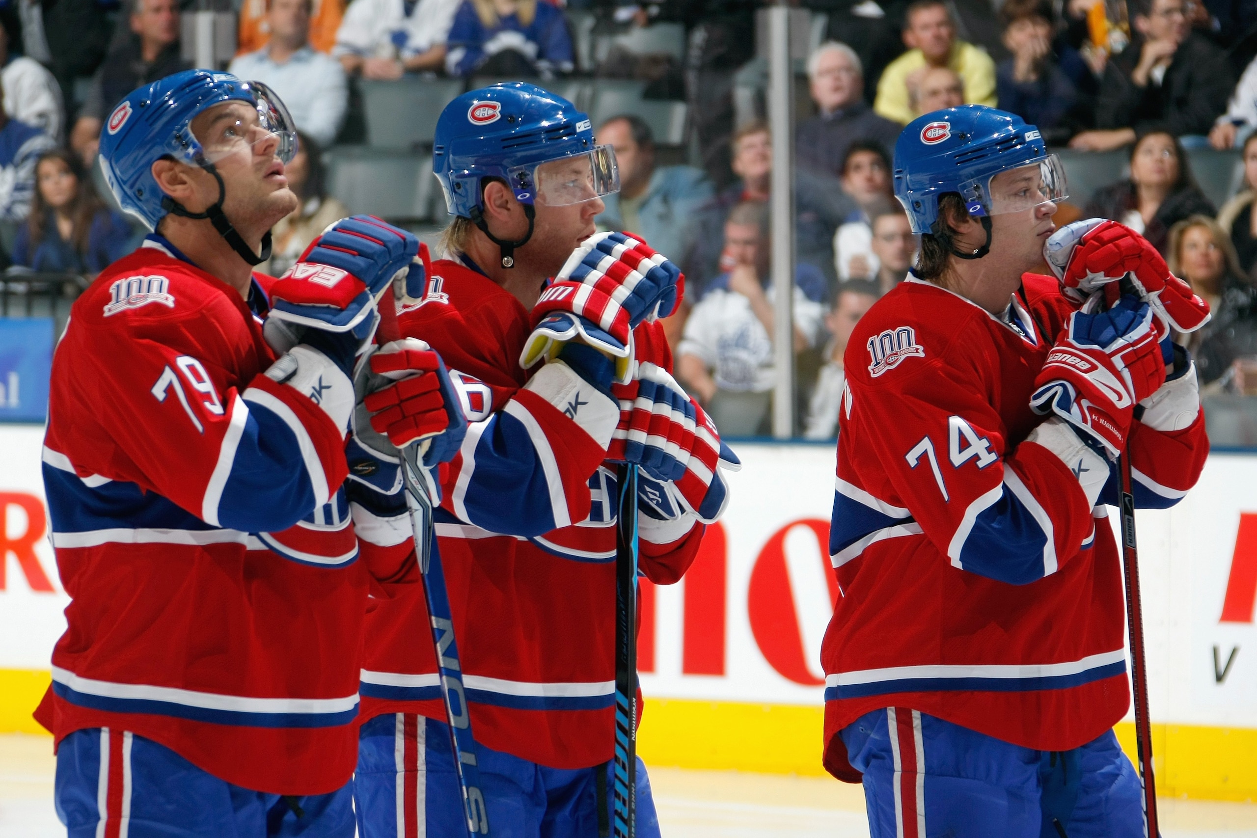 TORONTO - OCTOBER 11: Andrei Markov #79, Andrei Kostitsyn #46 and Sergei Kostitsyn #74 of the Montreal Canadiens looks on before the game against the Toronto Maple Leafs at the Air Canada Centre October 11, 2008 in Toronto, Ontario. (Photo By Dave Sandfor