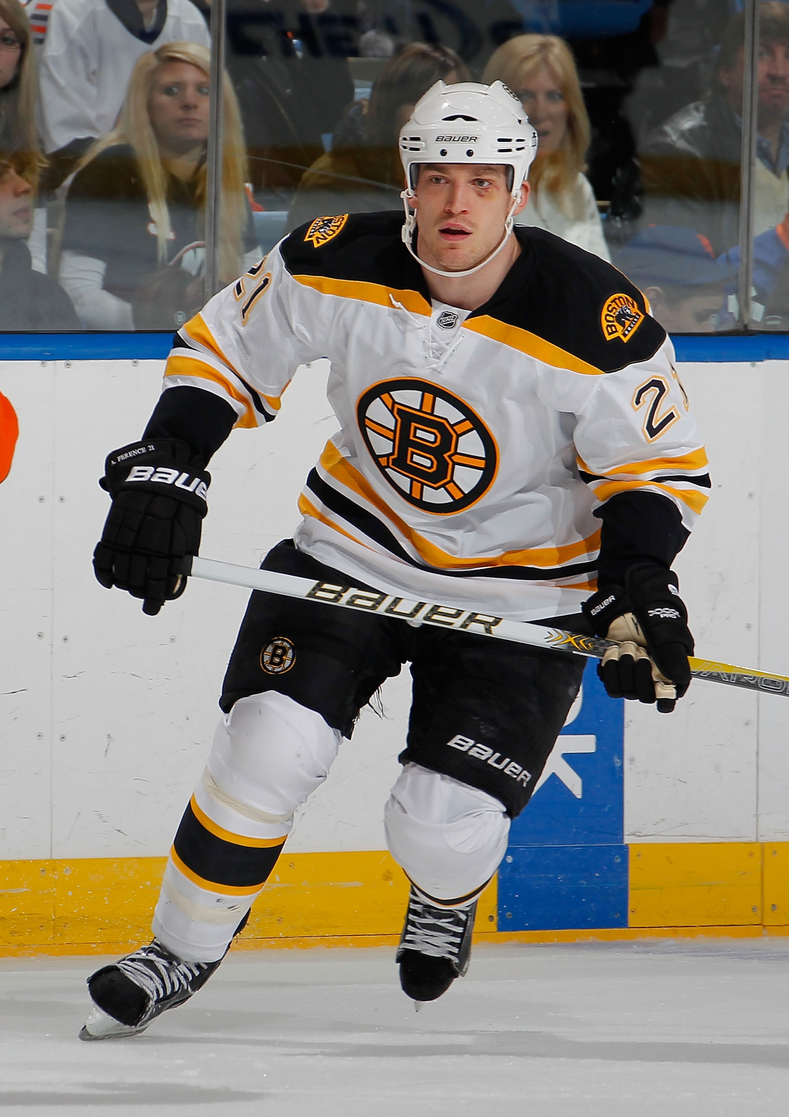UNIONDALE, NY - FEBRUARY 17:  Andrew Ference #21 of the Boston Bruins skates during an NHL hockey game against the New York Islanders at the Nassau Coliseum on February 17, 2011 in Uniondale, New York.  (Photo by Paul Bereswill/Getty Images)