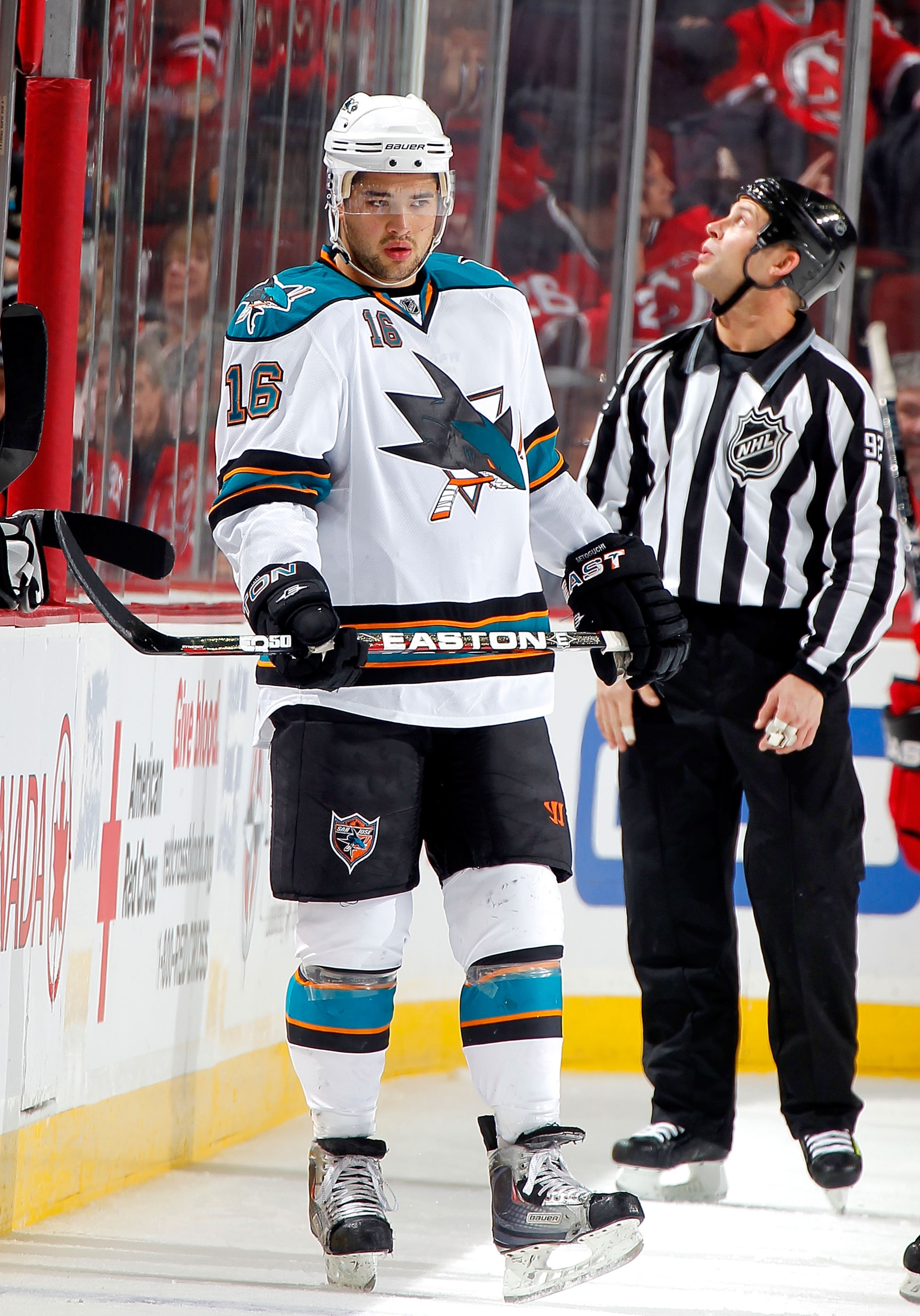 NEWARK, NJ - FEBRUARY 11: Devin Setoguchi #16 of the San Jose Sharks waits for a faceoff in an NHL hockey game against the New Jersey Devils on February 11, 2011 at the Prudential Center in Newark, New Jersey. (Photo by Paul Bereswill/Getty Images)