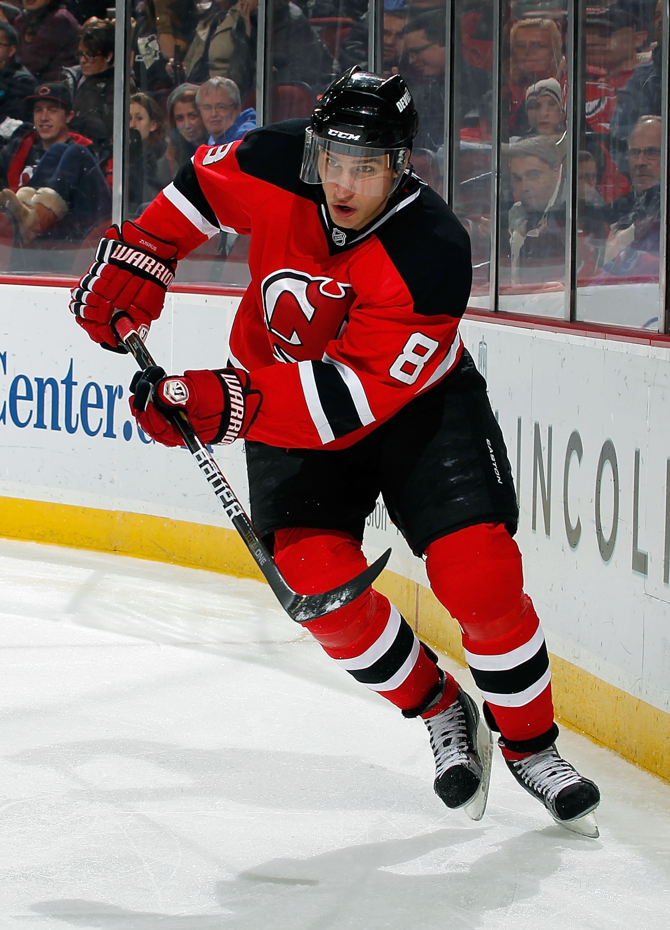 NEWARK, NJ - JANUARY 20:  Dainius Zubrus #8 of the New Jersey Devils skates during an NHL hockey game against the Pittsburgh Penguins at the Prudential Center on January 20, 2011 in Newark, New Jersey.  (Photo by Paul Bereswill/Getty Images)