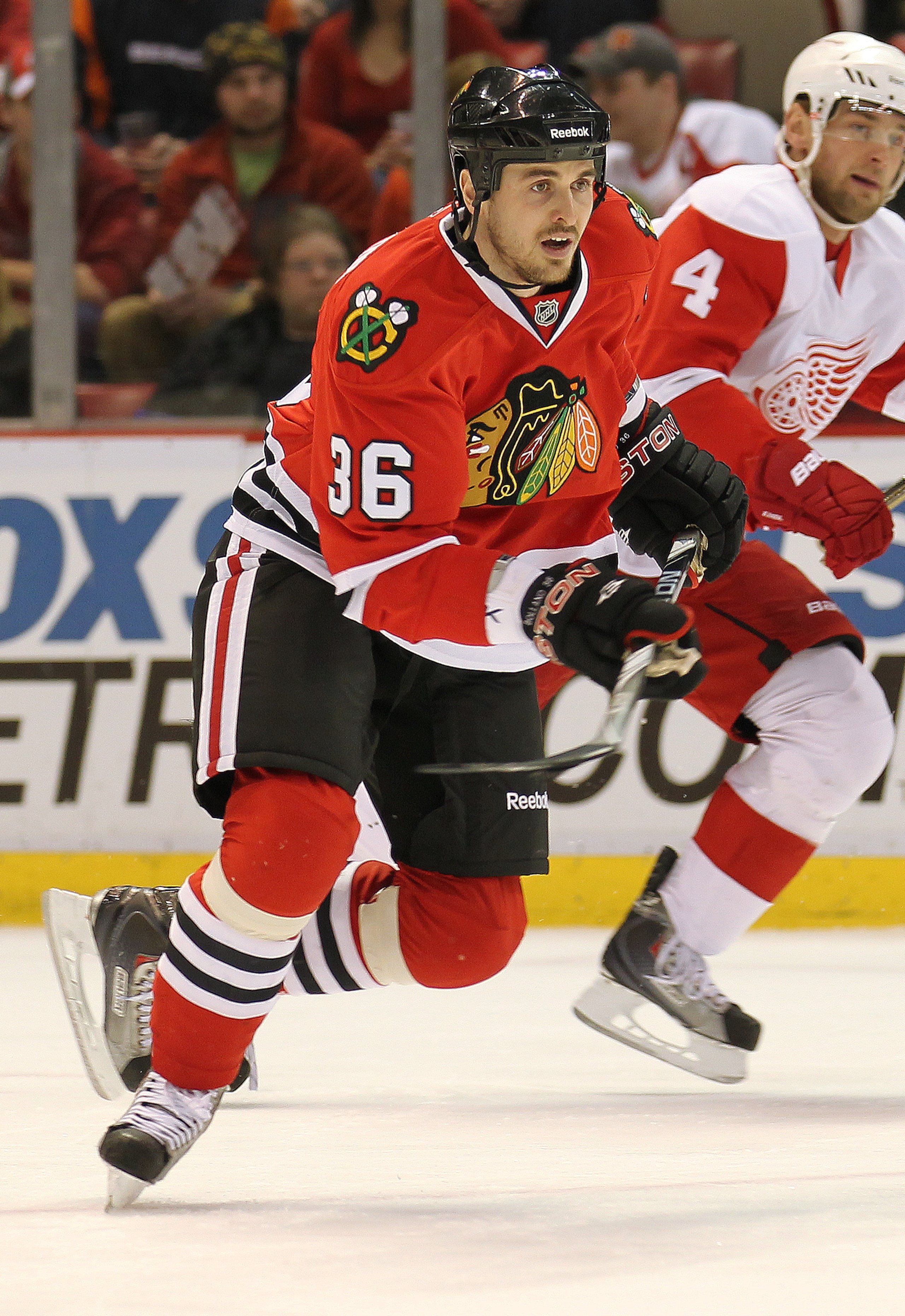 DETROIT, MI - JANUARY 22:  David Bolland #36 of the Chicago Black Hawks skates in a game against the Detroit Red Wings on January 22, 2011 at the Joe Louis Arena in Detroit, Michigan. The Hawks defeated the Wings 4-1. (Photo by Claus Andersen/Getty Images
