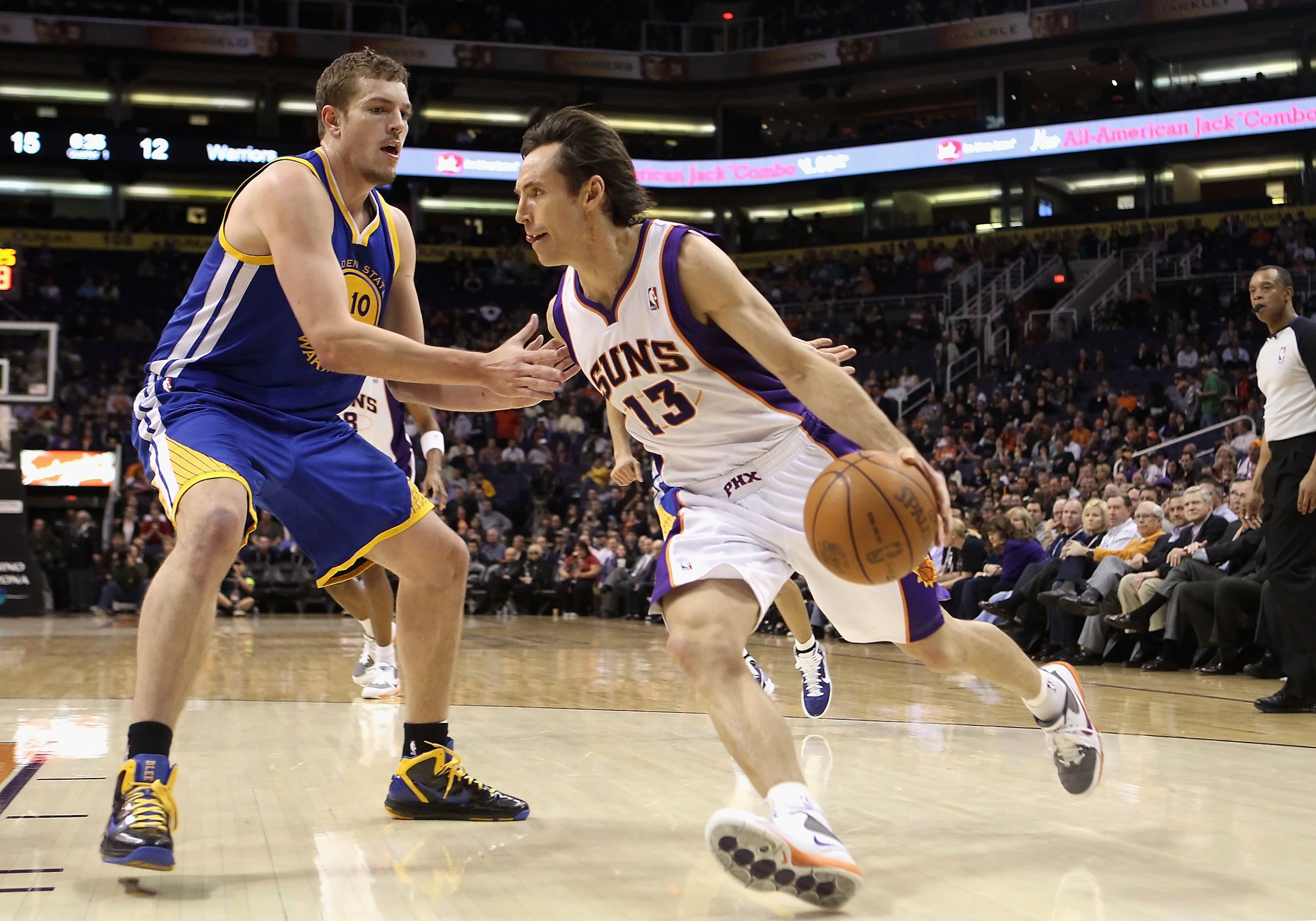 PHOENIX, AZ - FEBRUARY 10: Steve Nash #13 of the Phoenix Suns drives the ball during the NBA game against the Golden State Warriors at US Airways Center on February 10, 2011 in Phoenix, Arizona. The Suns defeated the Warriors 112-88. NOTE TO USER: User PHOENIX, AZ - FEBRUARY 10: Steve Nash #13 of the Phoenix Suns drives the ball during the NBA game against the Golden State Warriors at US Airways Center on February 10, 2011 in Phoenix, Arizona. The Suns defeated the Warriors 112-88. NOTE TO USER: User