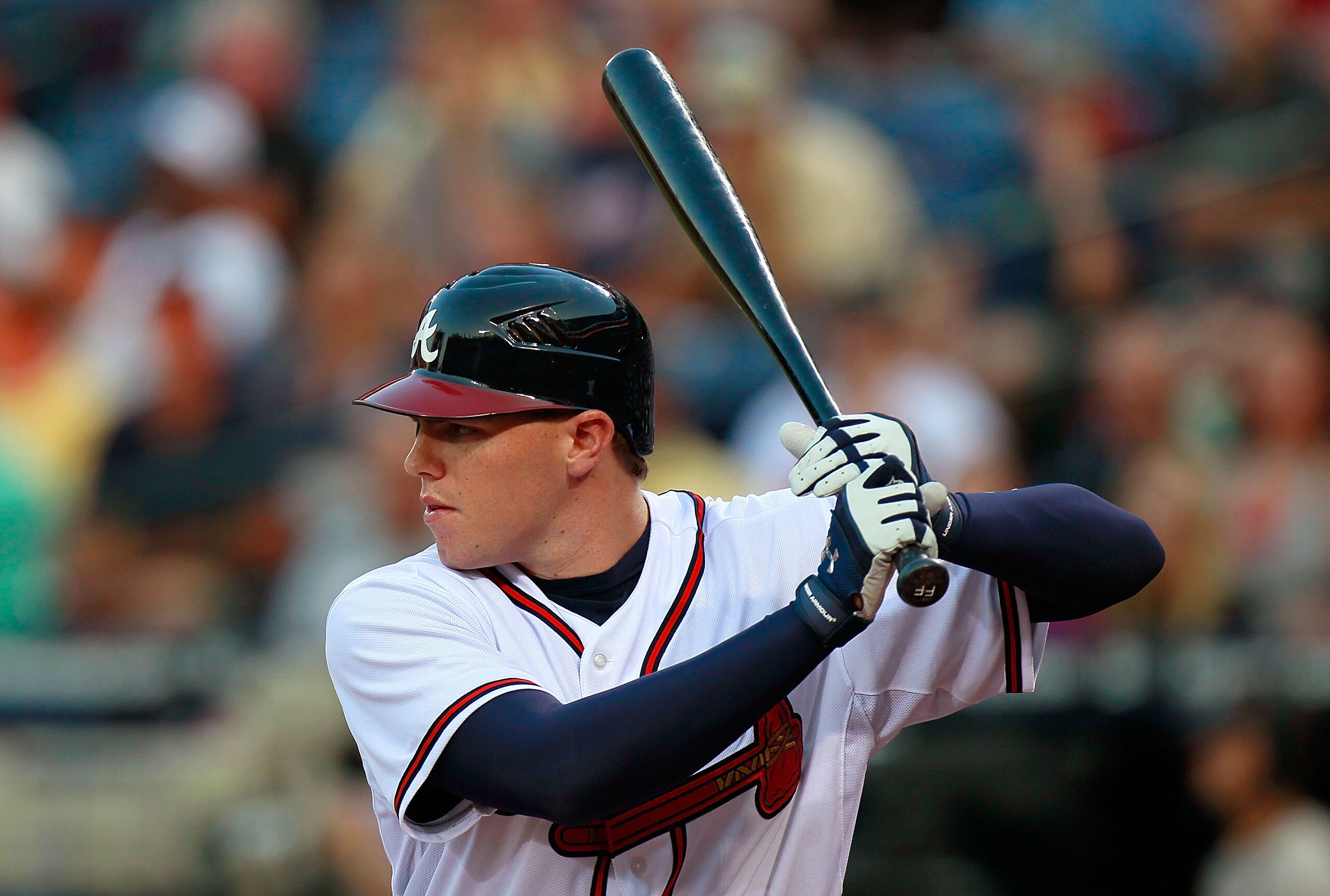 ATLANTA - SEPTEMBER 01:  Freddie Freeman #5 of the Atlanta Braves stretches takes his first at-bat against the New York Mets at Turner Field on September 1, 2010 in Atlanta, Georgia.  (Photo by Kevin C. Cox/Getty Images)