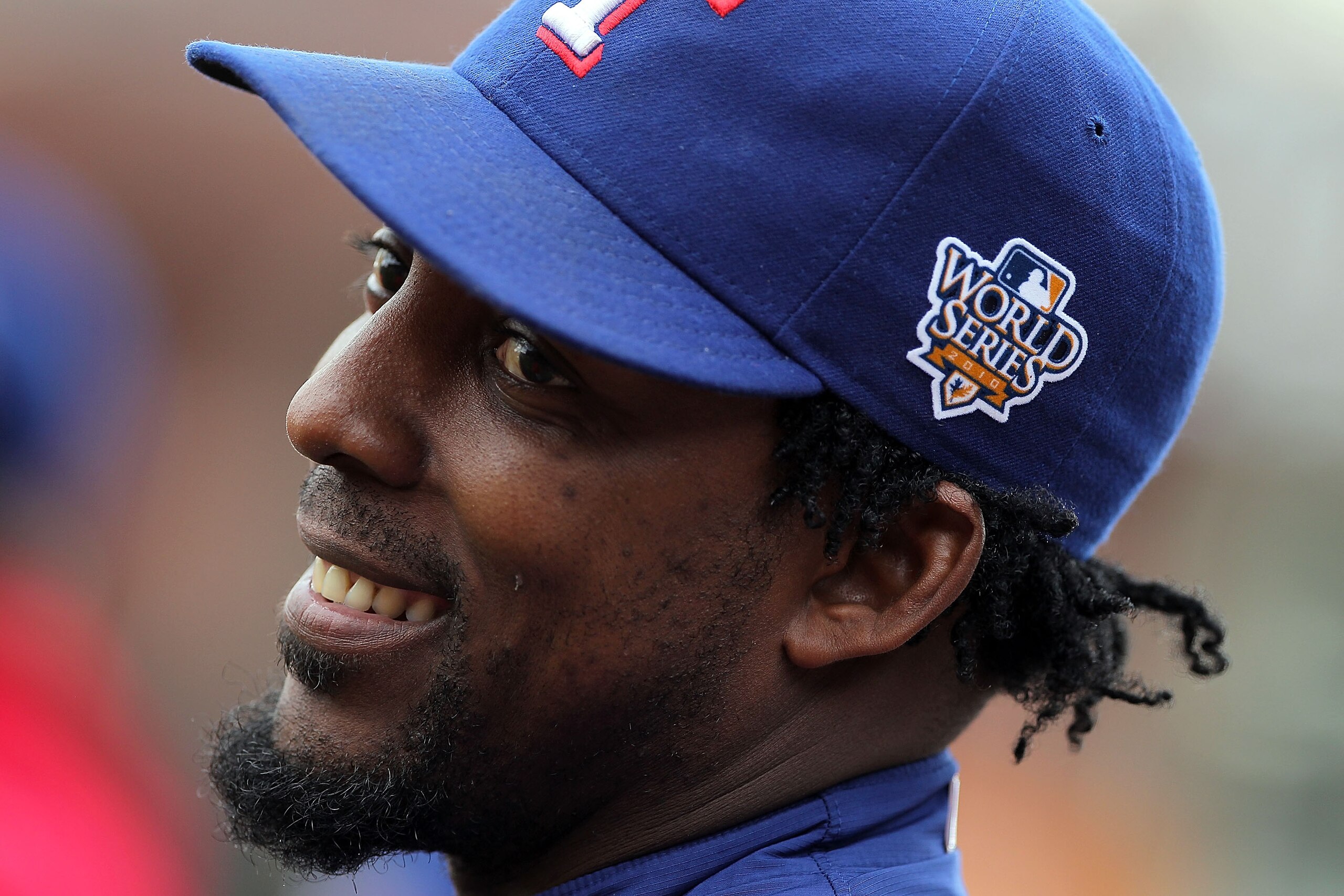 SAN FRANCISCO - OCTOBER 28:  Vladimir Guerrero #27 of the Texas Rangers smiles during batting practice before Game Two of the 2010 MLB World Series against the San Francisco Giants at AT&T Park on October 28, 2010 in San Francisco, California.  (Photo by