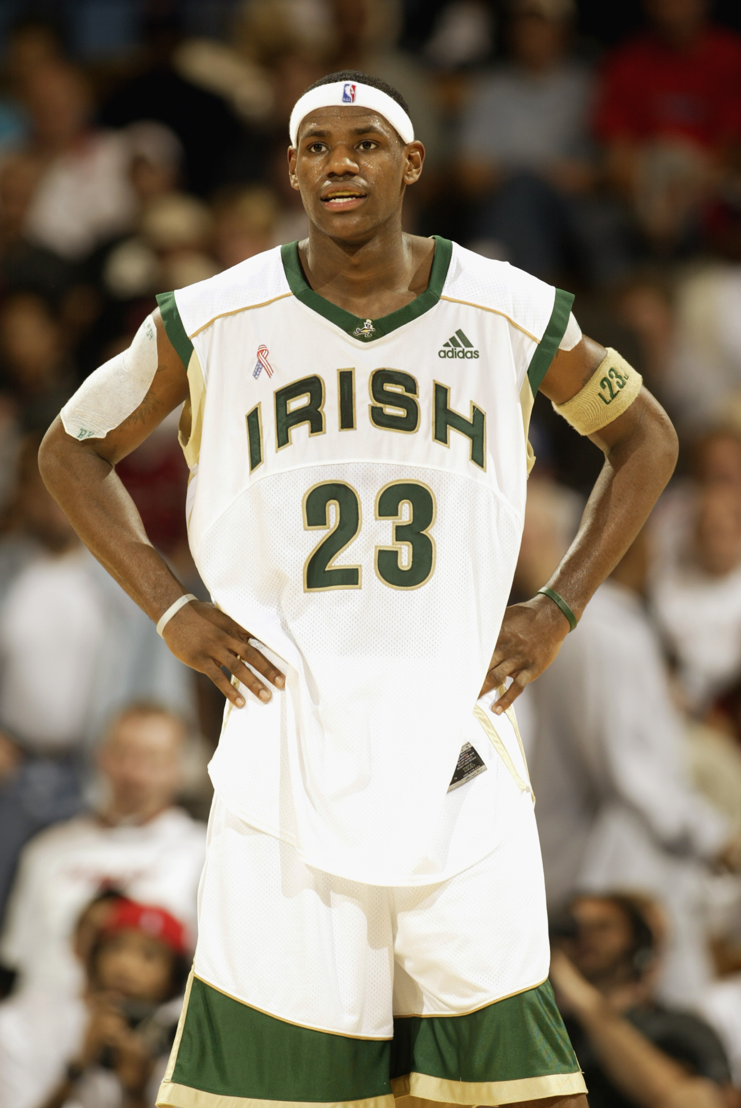 LOS ANGELES - JANUARY 4:  LeBron James #23 of St. Vincent-St. Mary's High Schoolwaits on the court during the Ninth Annual Pangos Dream Classic game against Mater Dei High School at UCLA's Pauley Pavilion on January 4, 2003 in Los Angeles, California.   (