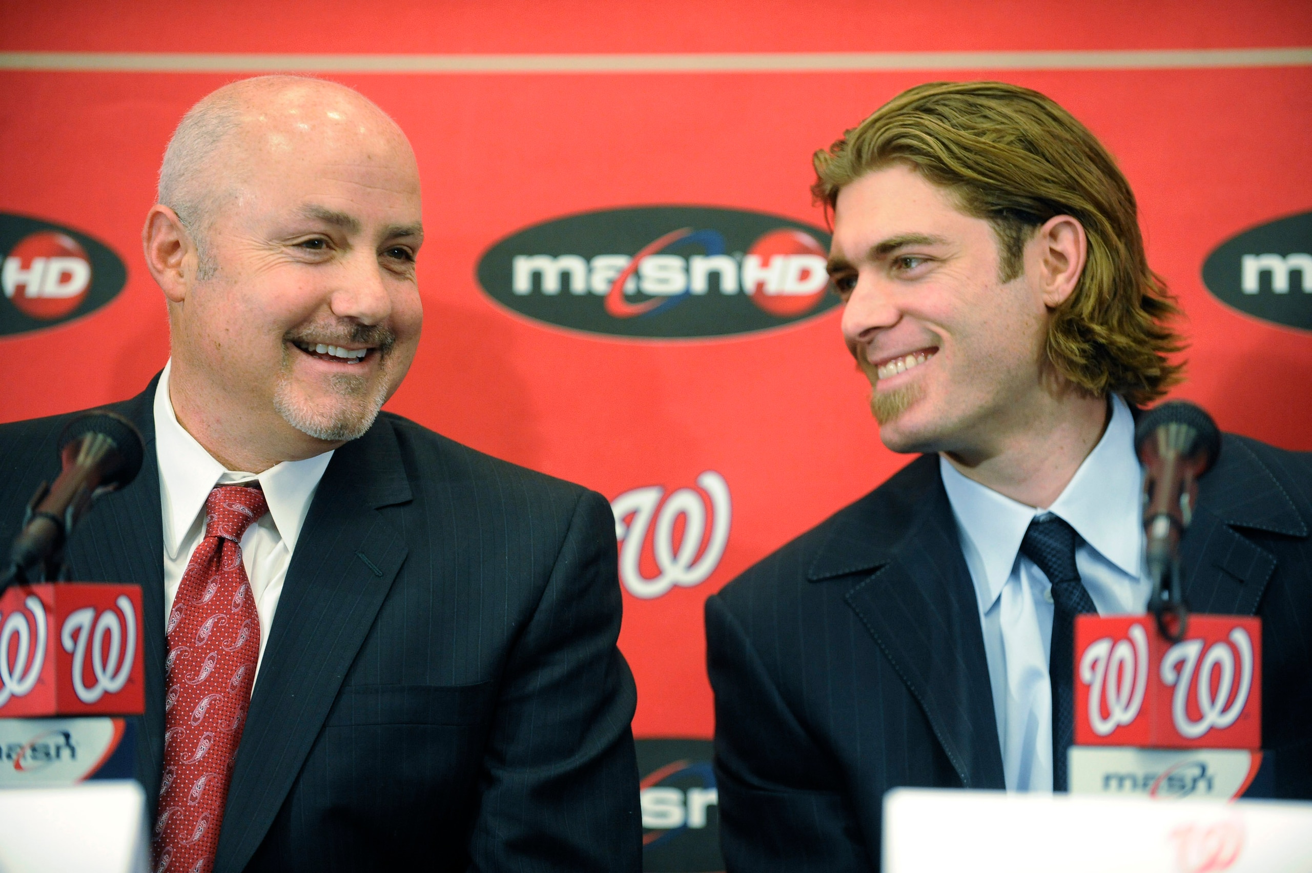 WASHINGTON, DC - DECEMBER 15: Executive Vice President of Baseball Operations and General Manager Mike Rizzo introduces Jayson Werth #28 of the Washington Nationals to the media on December 15, 2010 at Nationals Park in Washington, DC. (Photo by Mitch WASHINGTON, DC - DECEMBER 15: Executive Vice President of Baseball Operations and General Manager Mike Rizzo introduces Jayson Werth #28 of the Washington Nationals to the media on December 15, 2010 at Nationals Park in Washington, DC. (Photo by Mitch