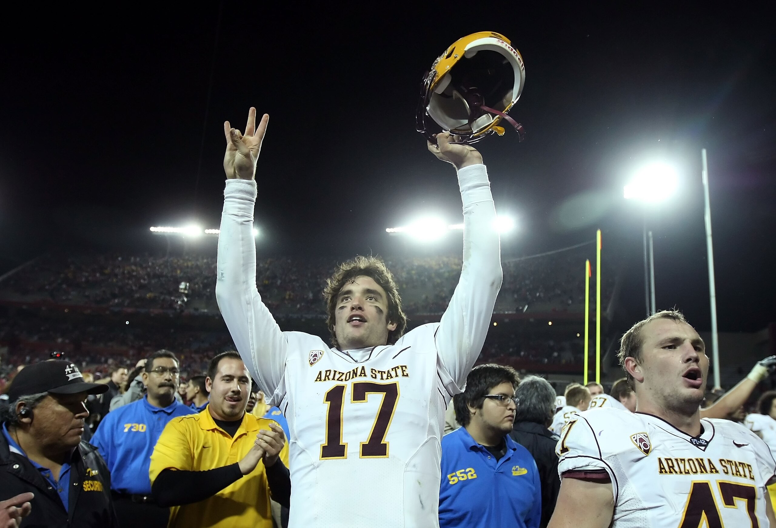TUCSON, AZ - DECEMBER 02:  Quarterback Brock Osweiler #17 of the Arizona State Sun Devils celebrates after defeating the Arizona Wildcats in college football game at Arizona Stadium on December 2, 2010 in Tucson, Arizona. The Sun Devils defeated the Wildc