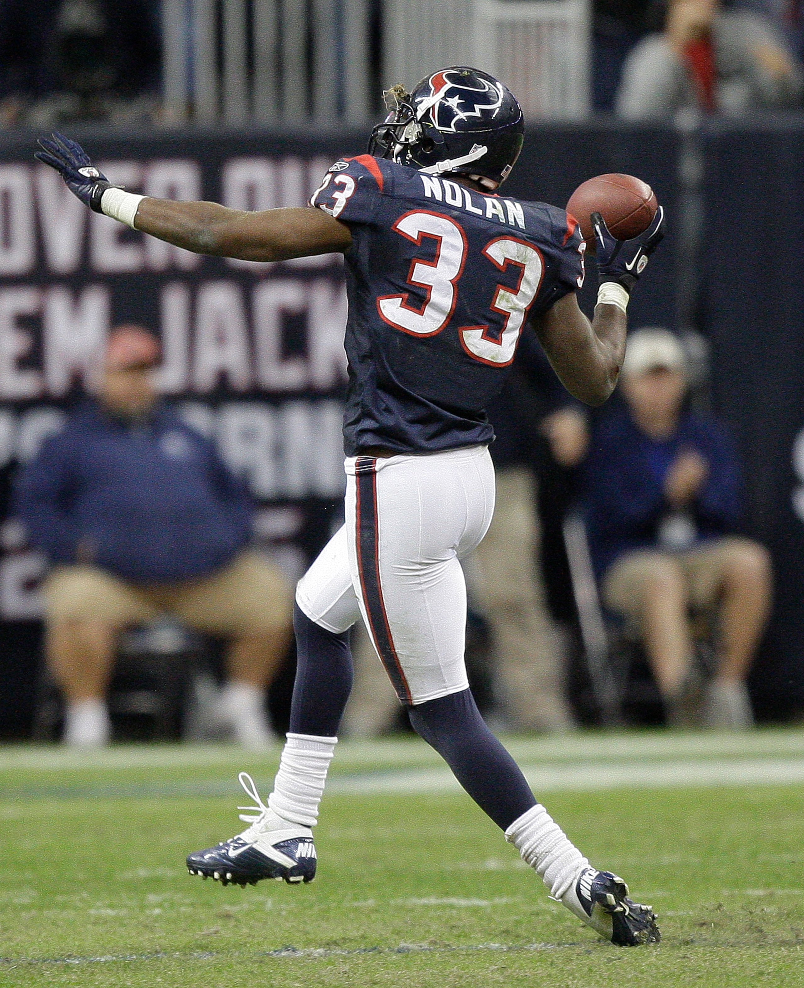 HOUSTON - JANUARY 02:  Troy Nolan #33 of the Houston Texans celebrates after recovering a Jacksonville Jaguars' fumble in the fourth quarter at Reliant Stadium on January 2, 2011 in Houston, Texas.  (Photo by Bob Levey/Getty Images)