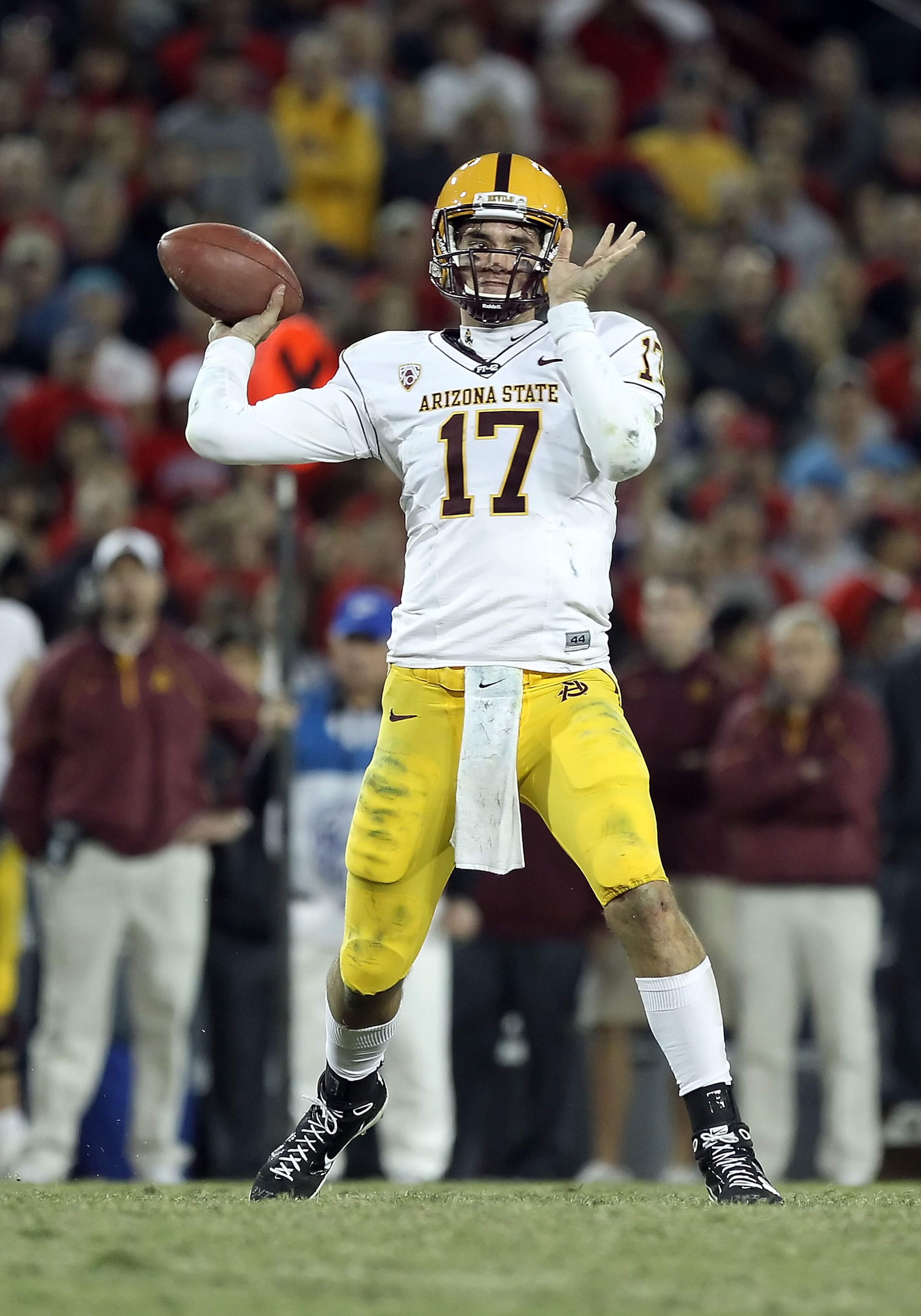 TUCSON, AZ - DECEMBER 02:  Quarterback Brock Osweiler #17 of the Arizona State Sun Devils throws a pass during the college football game at Arizona Stadium on December 2, 2010 in Tucson, Arizona. The Sun Devils defeated the Wildcats 30-29 in double overti