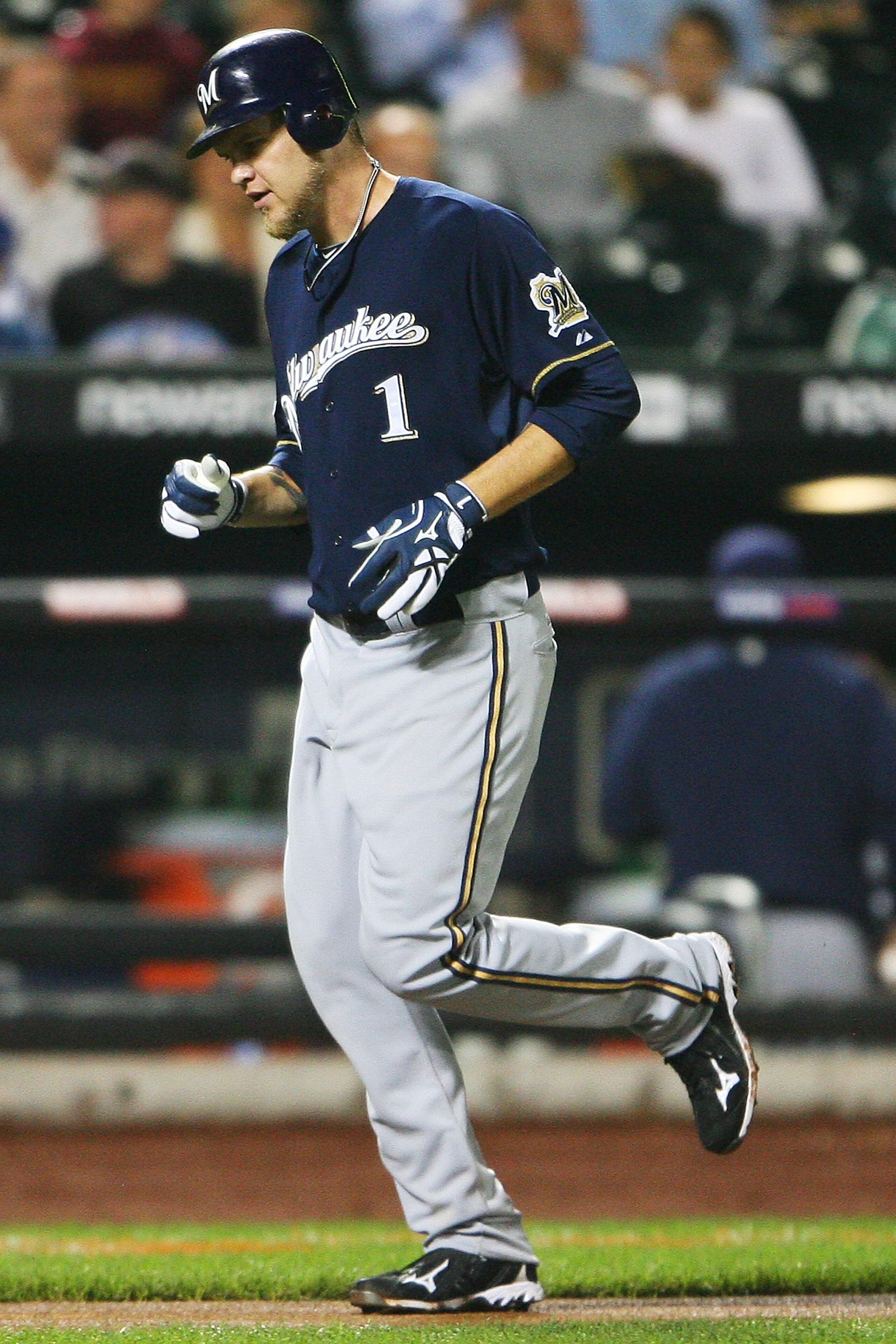 NEW YORK - SEPTEMBER 28:  Corey Hart #1 of the Milwaukee Brewers runs in a home run in the sixth inning against the New York Mets on September 28, 2010 at Citi Field in the Flushing neighborhood of the Queens borough of New York City.  (Photo by Andrew Bu