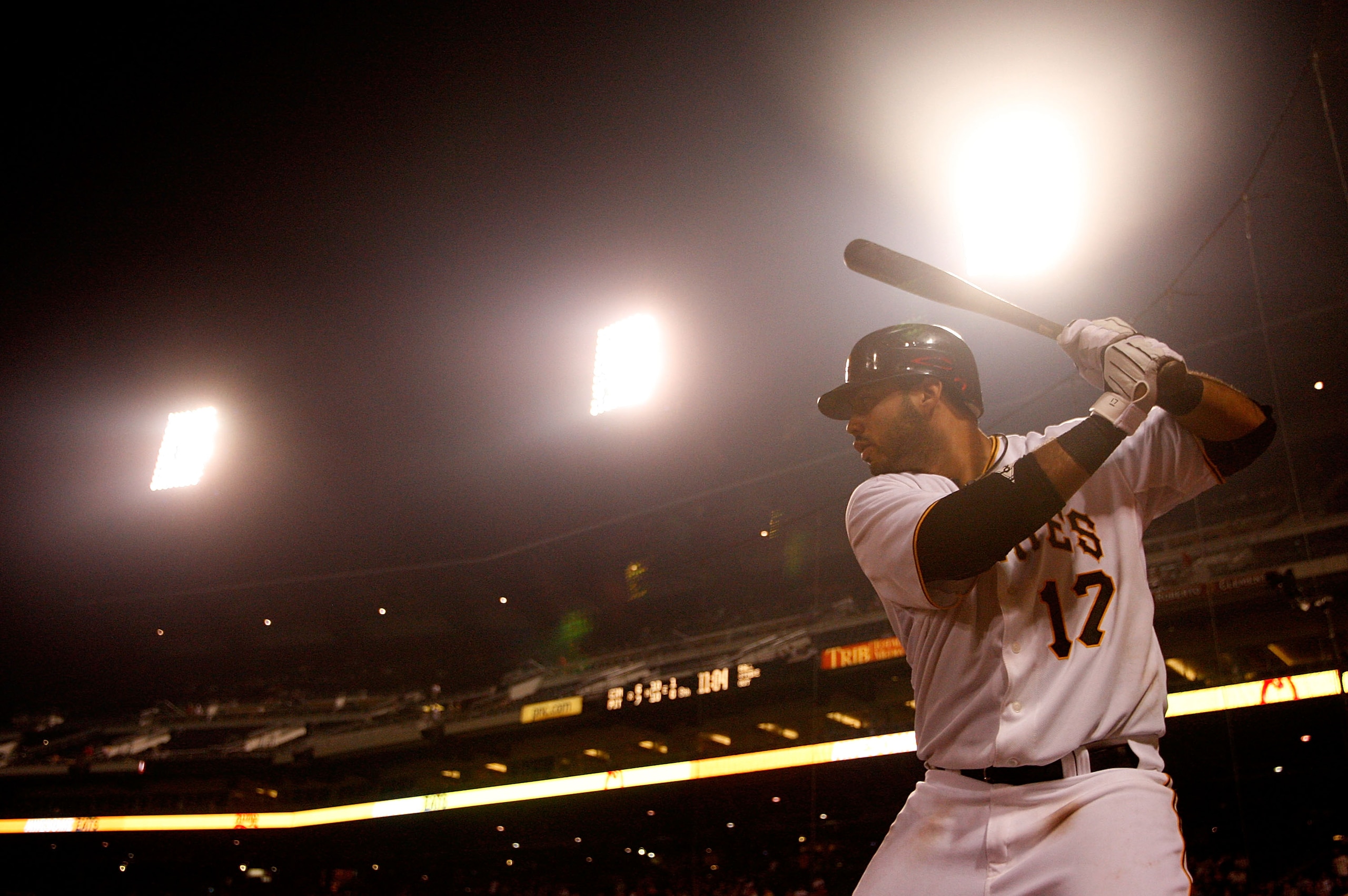 PITTSBURGH - AUGUST 03:  Pedro Alvarez #17 of the Pittsburgh Pirates warms up in the on deck circle during the game against the Cincinnati Reds on August 3, 2010 at PNC Park in Pittsburgh, Pennsylvania.  (Photo by Jared Wickerham/Getty Images)