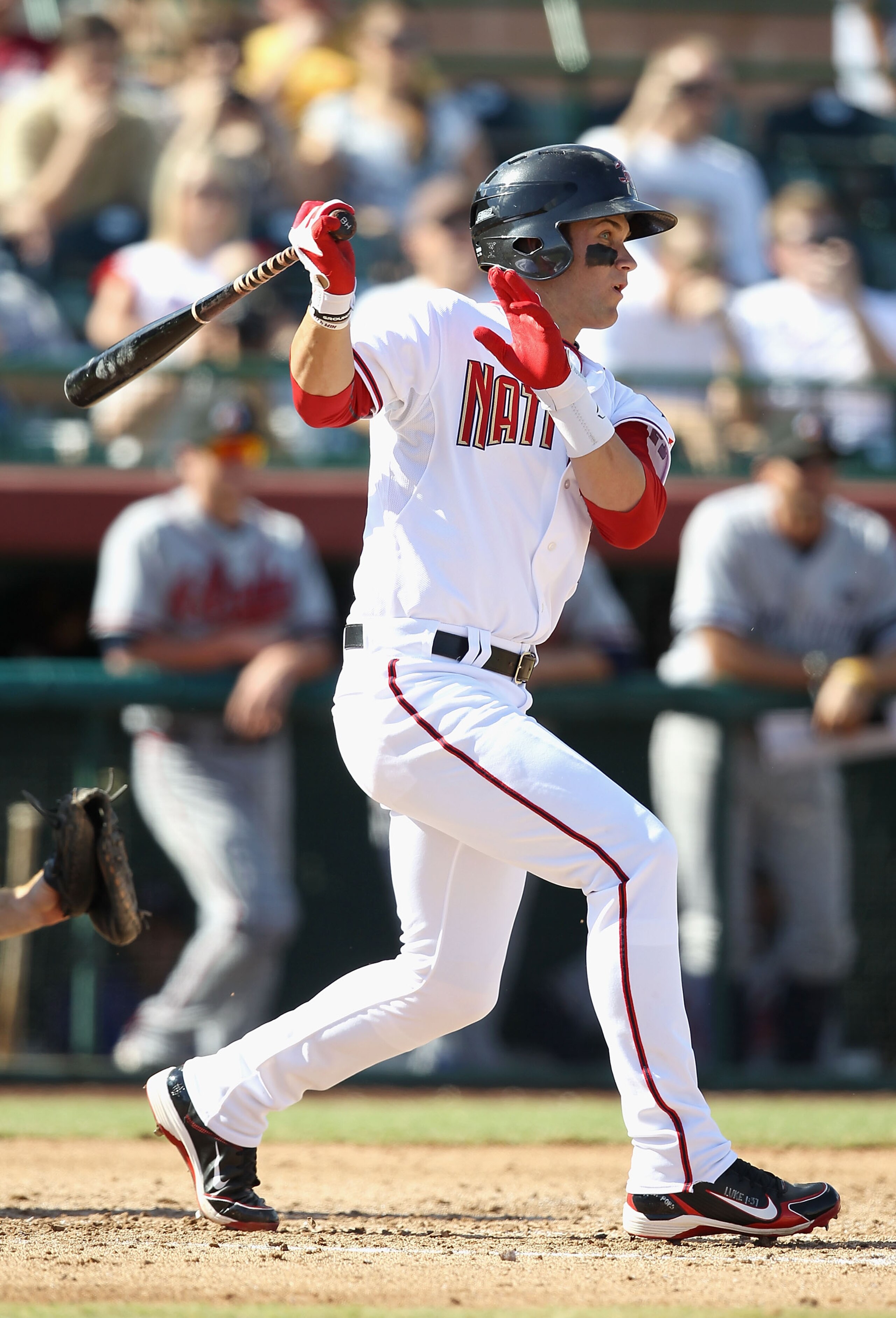 SCOTTSDALE, AZ - OCTOBER 23:  Washington Nationals prospect Bryce Harper #34 playing for the Scottsdale Scorpions hits a single against the Phoenix Desert Dogs during the AZ Fall League game at Scottsdale Stadium on October 23, 2010 in Scottsdale, Arizona