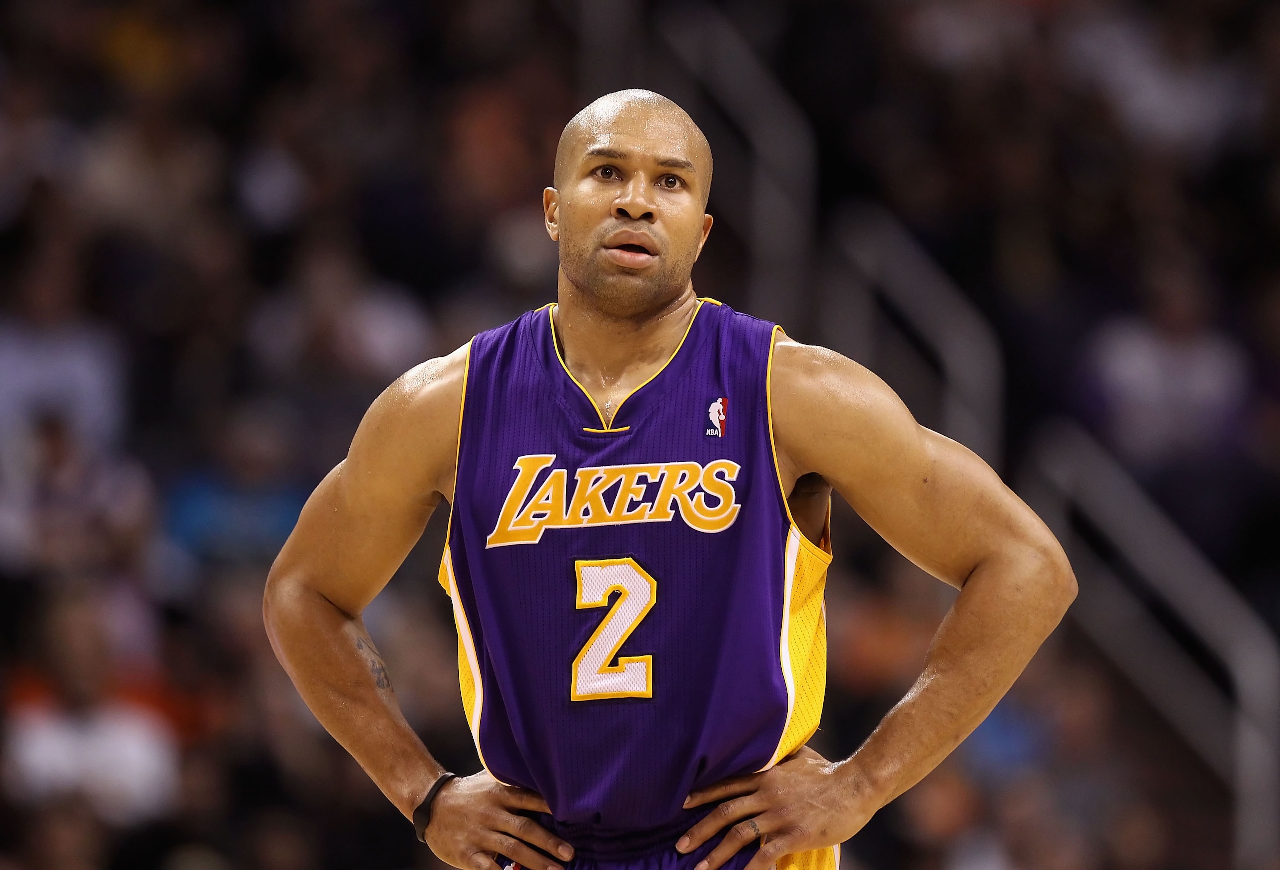 PHOENIX, AZ - JANUARY 05:  Derek Fisher #2 of the Los Angeles Lakers during the NBA game against the Phoenix Suns at US Airways Center on December 23, 2011 in Phoenix, Arizona. The Lakers defeated the Suns 99-95.  NOTE TO USER: User expressly acknowledges