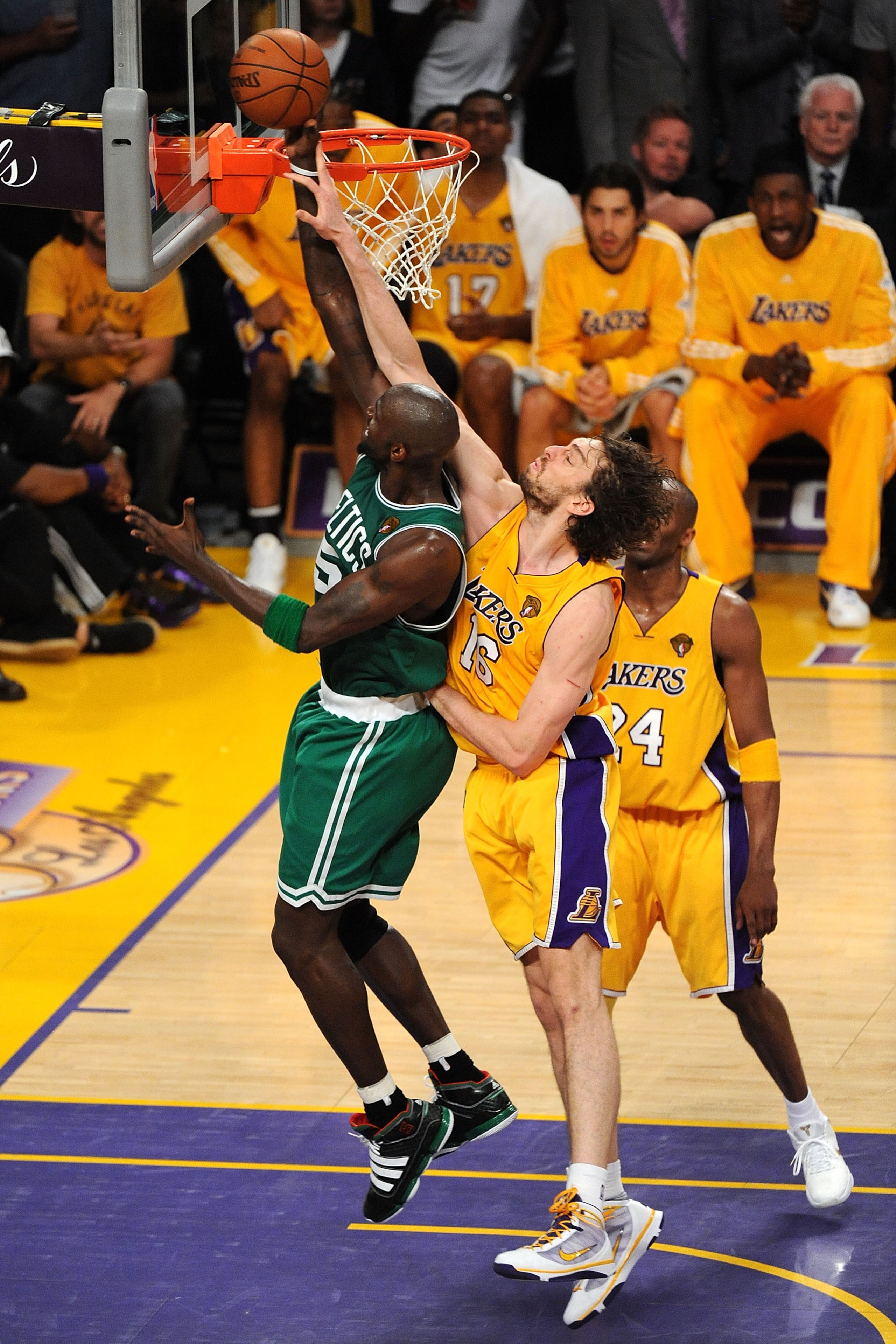 LOS ANGELES, CA - JUNE 17:  Kevin Garnett #5 of the Boston Celtics has his shot blocked by Pau Gasol #16 of the Los Angeles Lakers in the third quarter of Game Seven of the 2010 NBA Finals at Staples Center on June 17, 2010 in Los Angeles, California.  NO