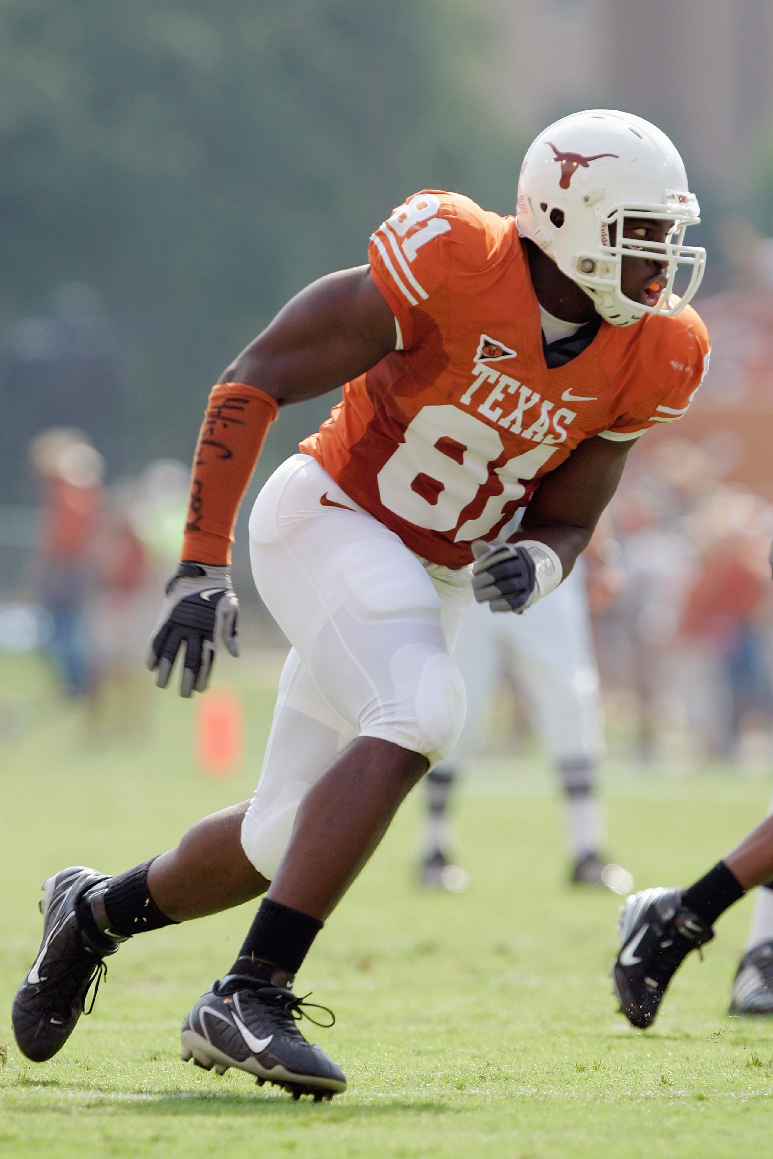 AUSTIN, TX - SEPTEMBER 27:  Sam Acho #81 of the Texas Longhorns moves on the field during the game against the Arkansas Razorbacks on September 27, 2008 at Darrell K Royal-Texas Memorial Stadium in Austin, Texas.  Texas won 52-10.  (Photo by Brian Bahr/Ge