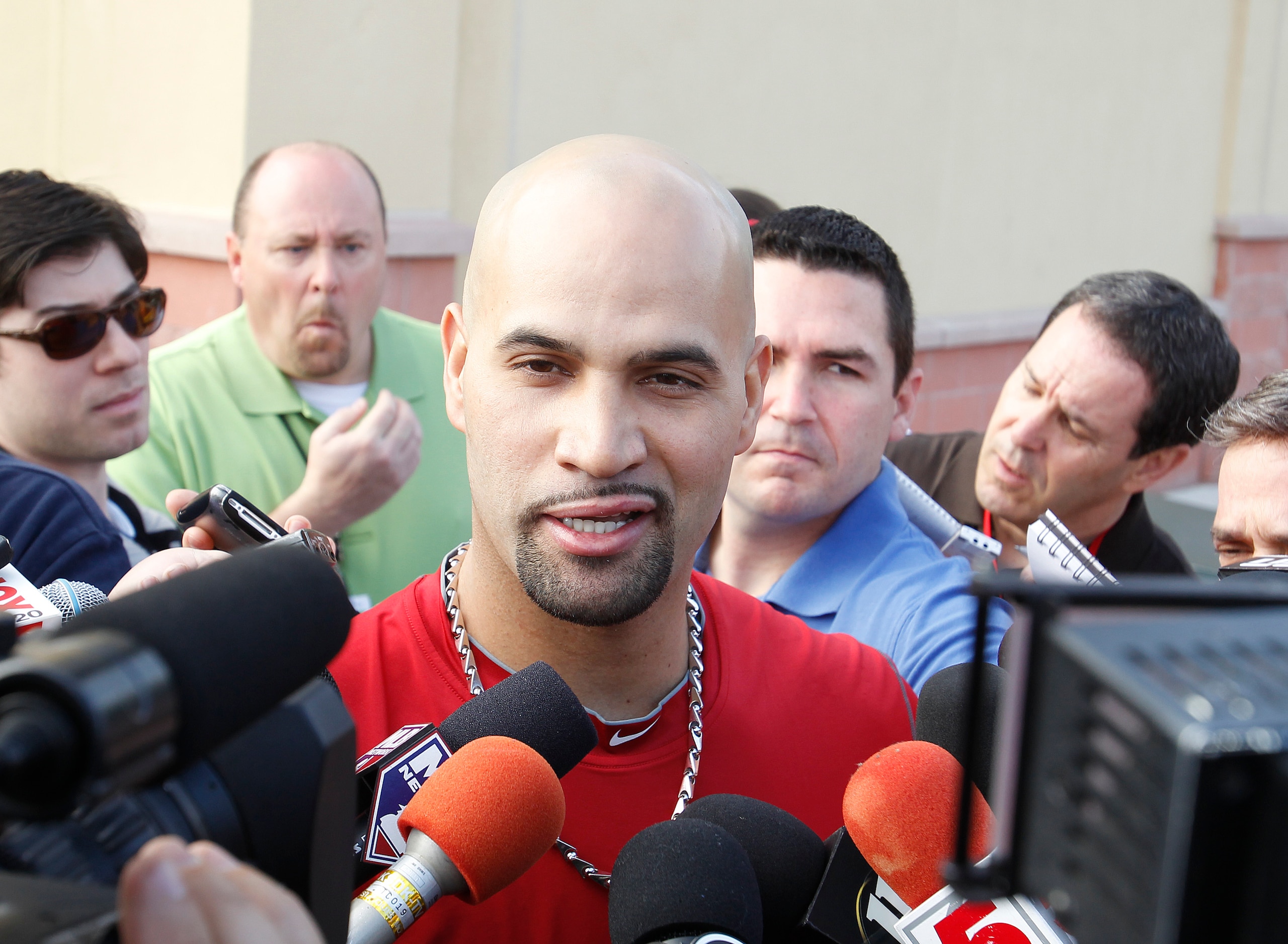 JUPITER, FL - FEBRUARY 17: Albert Pujols #5 of the St. Louis Cardinals answers questions from the media at Roger Dean Stadium on February 17, 2011 in Jupiter, Florida. (Photo by Joel Auerbach/Getty Images)