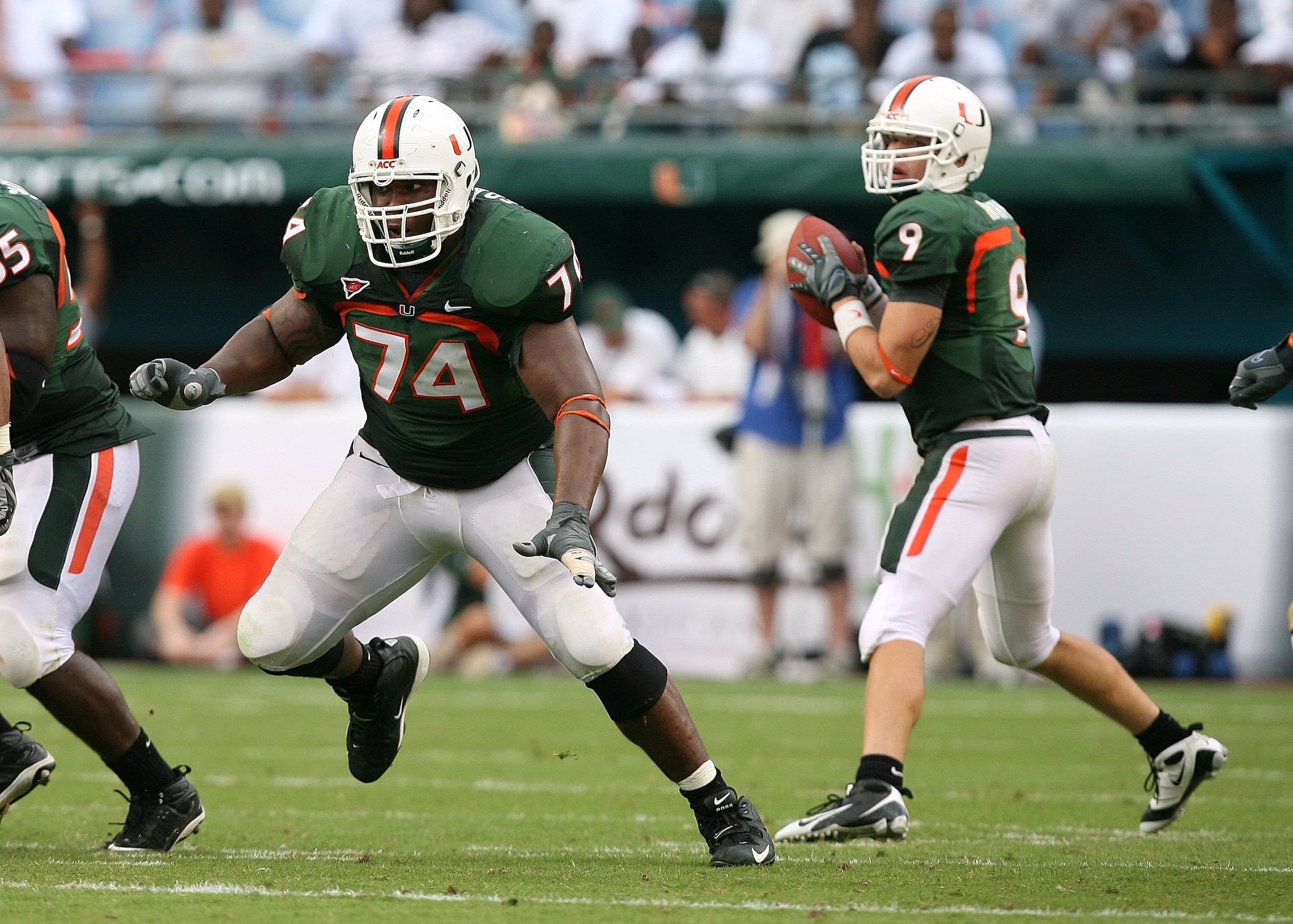 MIAMI - OCTOBER 25:  Offensive lineman Orlando Franklin #74 of the Miami Hurricanes drops back to block while taking on the Wake Forest Demon Decons at Dolphin Stadium on October 25, 2008 in Miami, Florida. Miami defeated Wake Forest 16-10.  (Photo by Dou