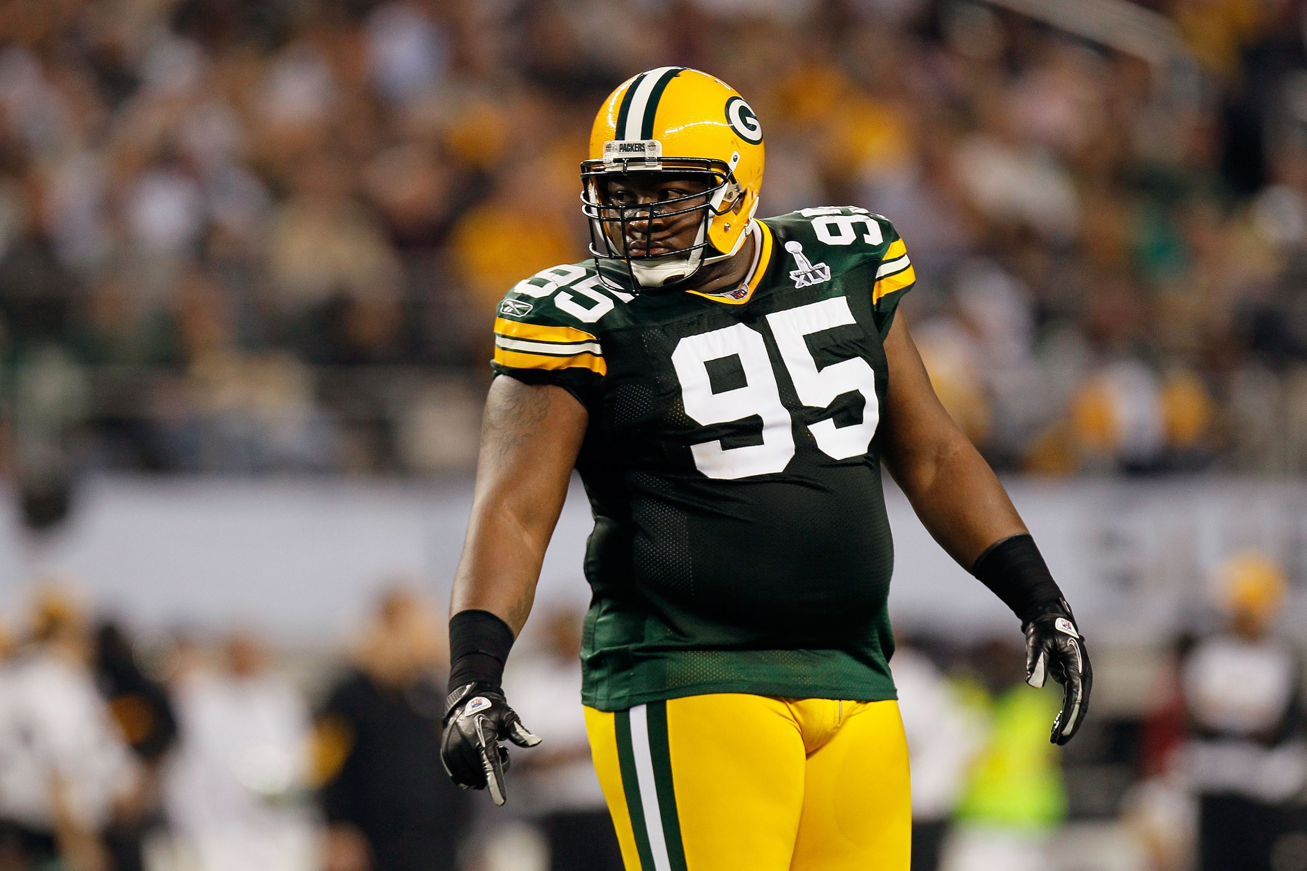 ARLINGTON, TX - FEBRUARY 06:  Howard Green #95 of the Green Bay Packers looks on against the Pittsburgh Steelers during Super Bowl XLV at Cowboys Stadium on February 6, 2011 in Arlington, Texas. The Packers won 31-25.  (Photo by Kevin C. Cox/Getty Images)