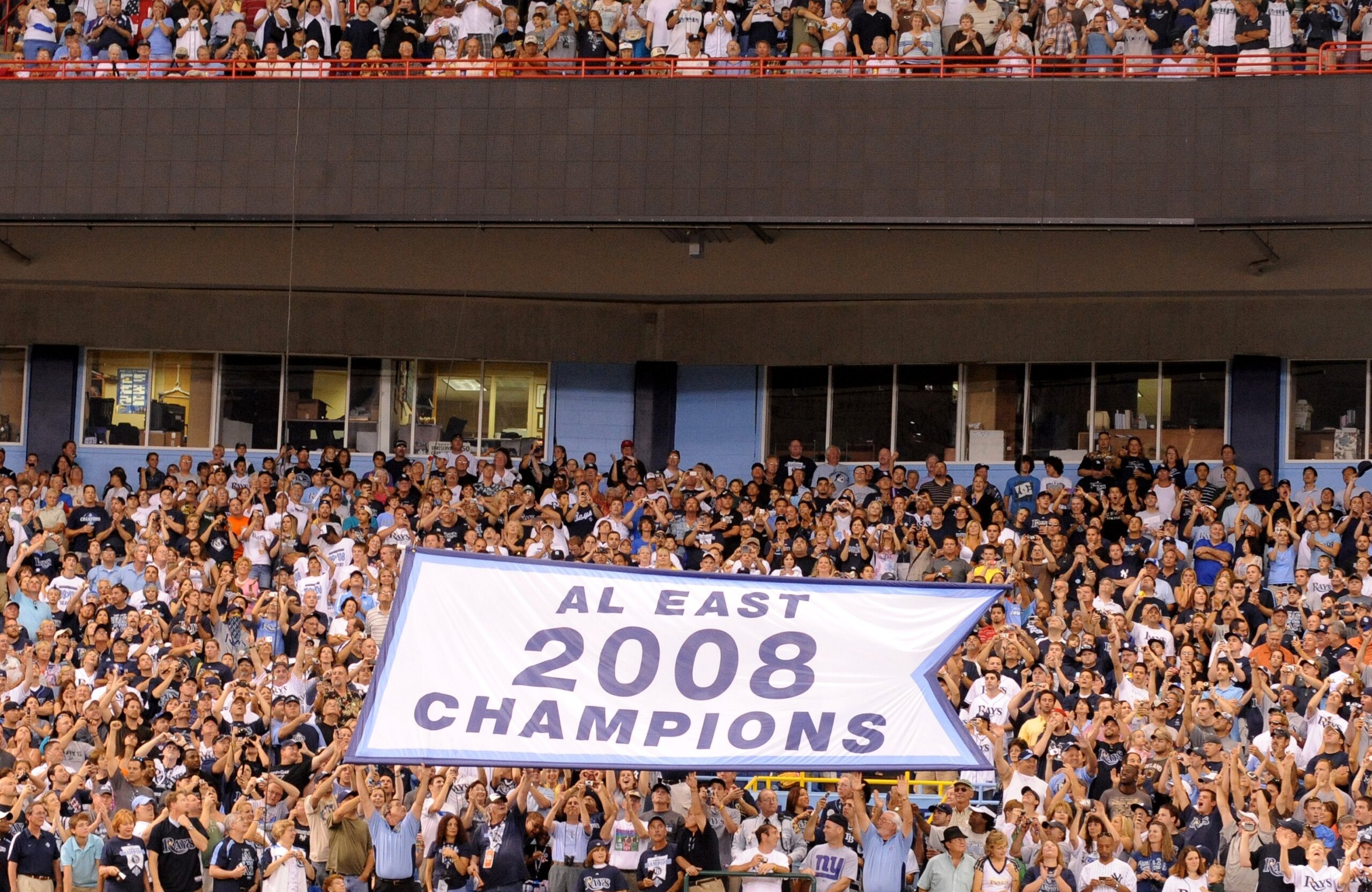 ST. PETERSBURG, FL - APRIL 13: The Tampa Bay Rays hang an AL 2008 championship banner before play against the New York Yankees on April 13, 2009 at Tropicana Field in St. Petersburg, Florida. (Photo by Al Messerschmidt/Getty Images) ST. PETERSBURG, FL - APRIL 13: The Tampa Bay Rays hang an AL 2008 championship banner before play against the New York Yankees on April 13, 2009 at Tropicana Field in St. Petersburg, Florida. (Photo by Al Messerschmidt/Getty Images)