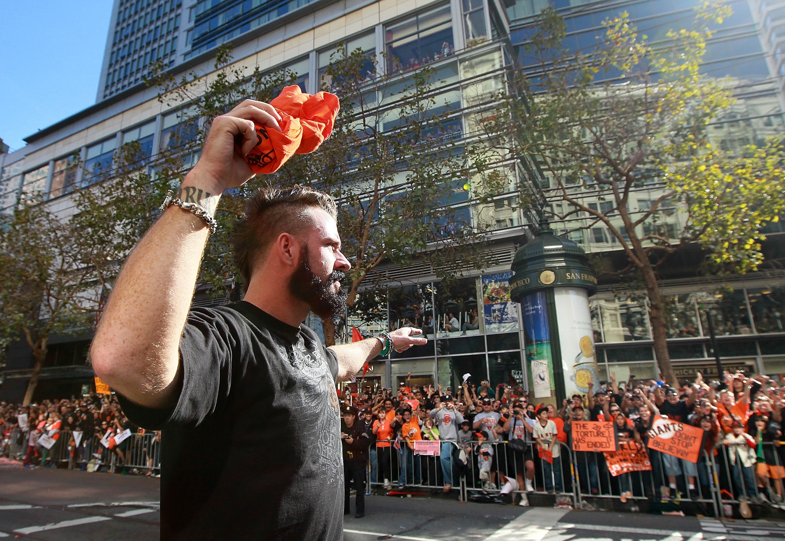SAN FRANCISCO - NOVEMBER 03:  Brian Wilson of the San Francisco Giants celebrates during the Giants' victory parade on November 3, 2010 in San Francisco, California. Thousands of Giants fans lined the streets of San Francisco to watch the San Francisco Gi