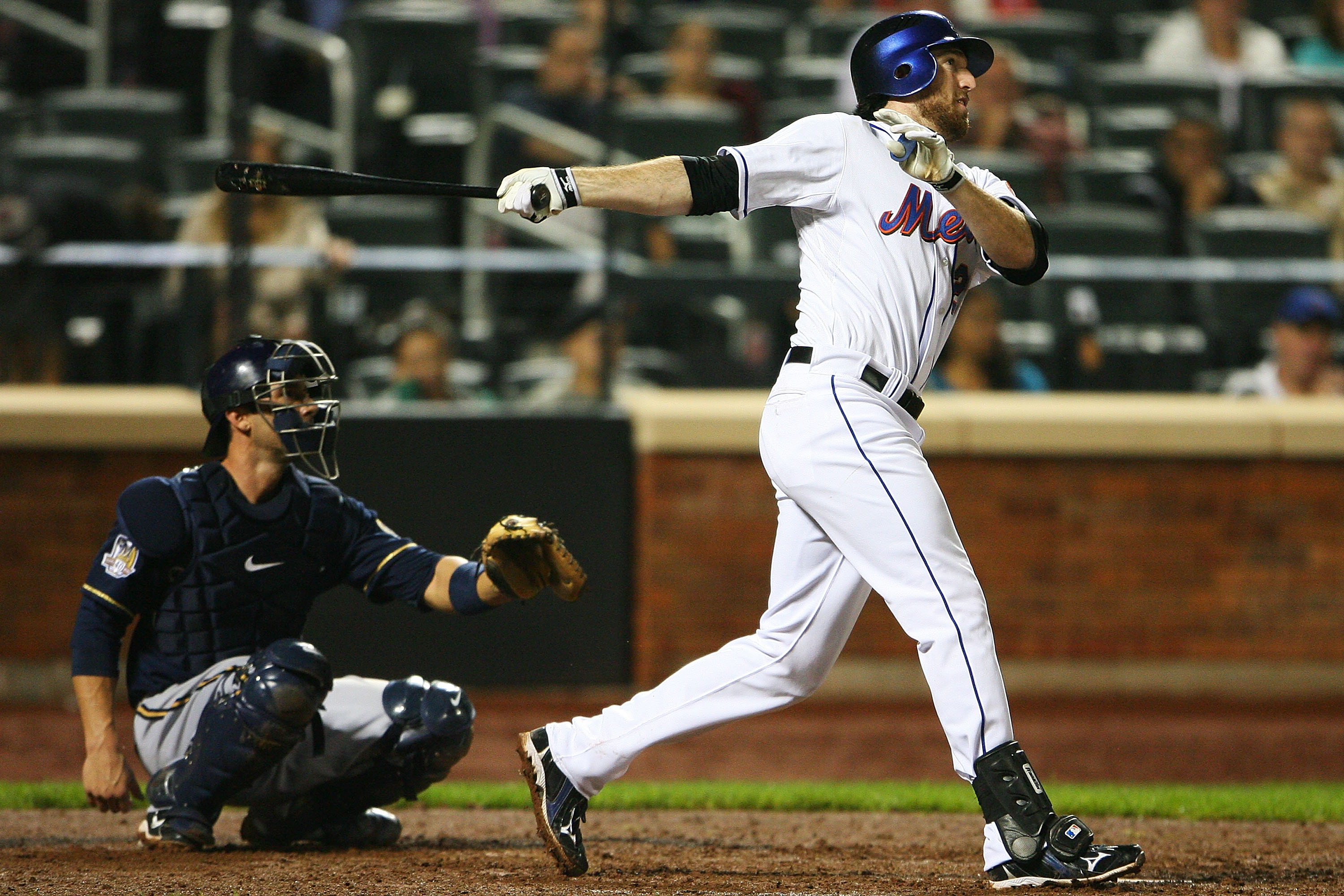 NEW YORK - SEPTEMBER 28:  Ike Davis #29 of the New York Mets watches after hitting a double in the ninth inning against the Milwaukee Brewers on September 28, 2010 at Citi Field in the Flushing neighborhood of the Queens borough of New York City. The Mets