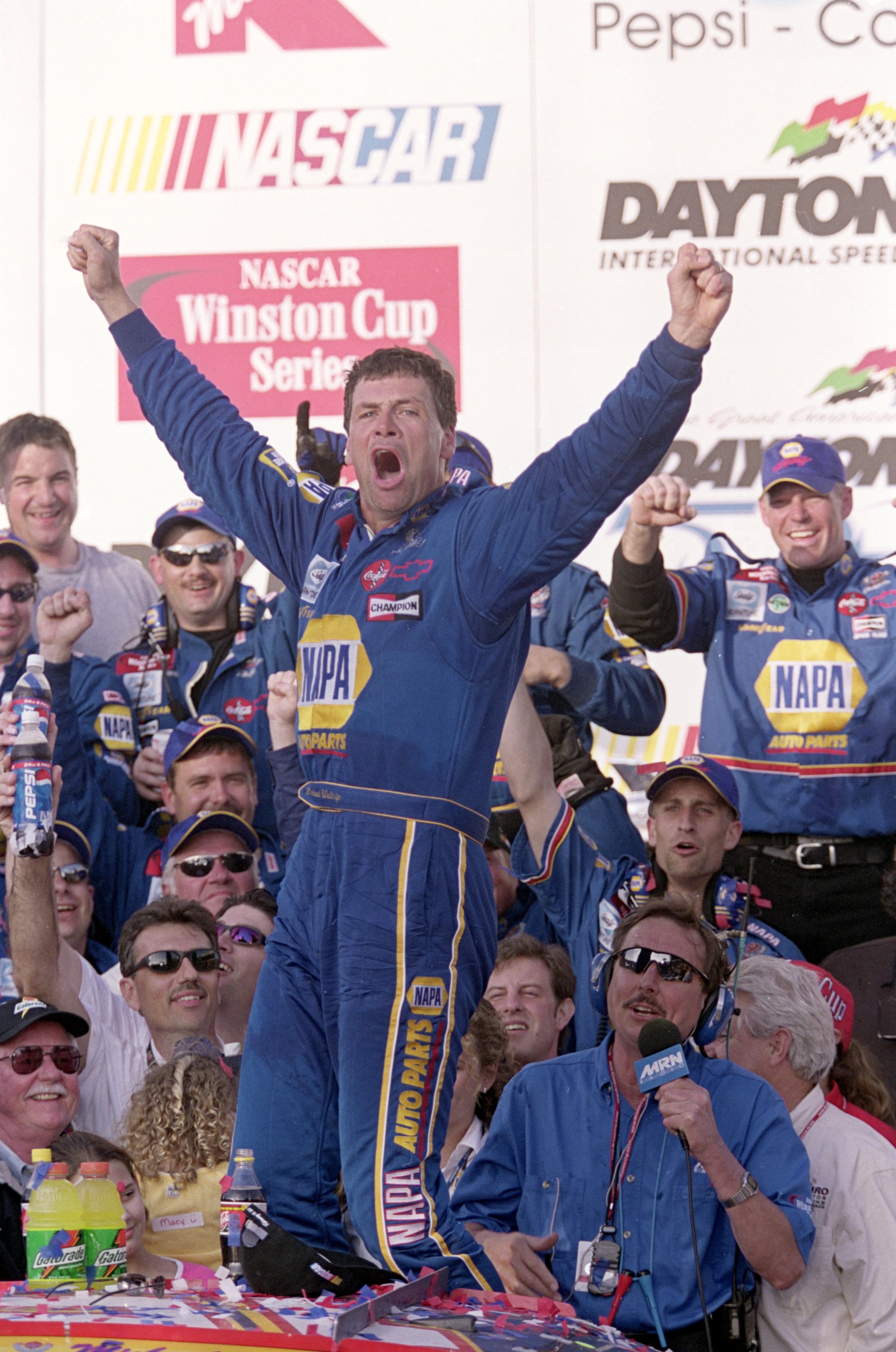 18 Feb 2001:  Michael Waltrip #15 who drives a Chevy Monte Carlo for Dale Earnhardt Inc. celebrates his victory after the Daytona 500 Speedweeks, part of the NASCAR Winston Cup Series at the Daytona International Speedway in Daytona, Florida.Mandatory Cre