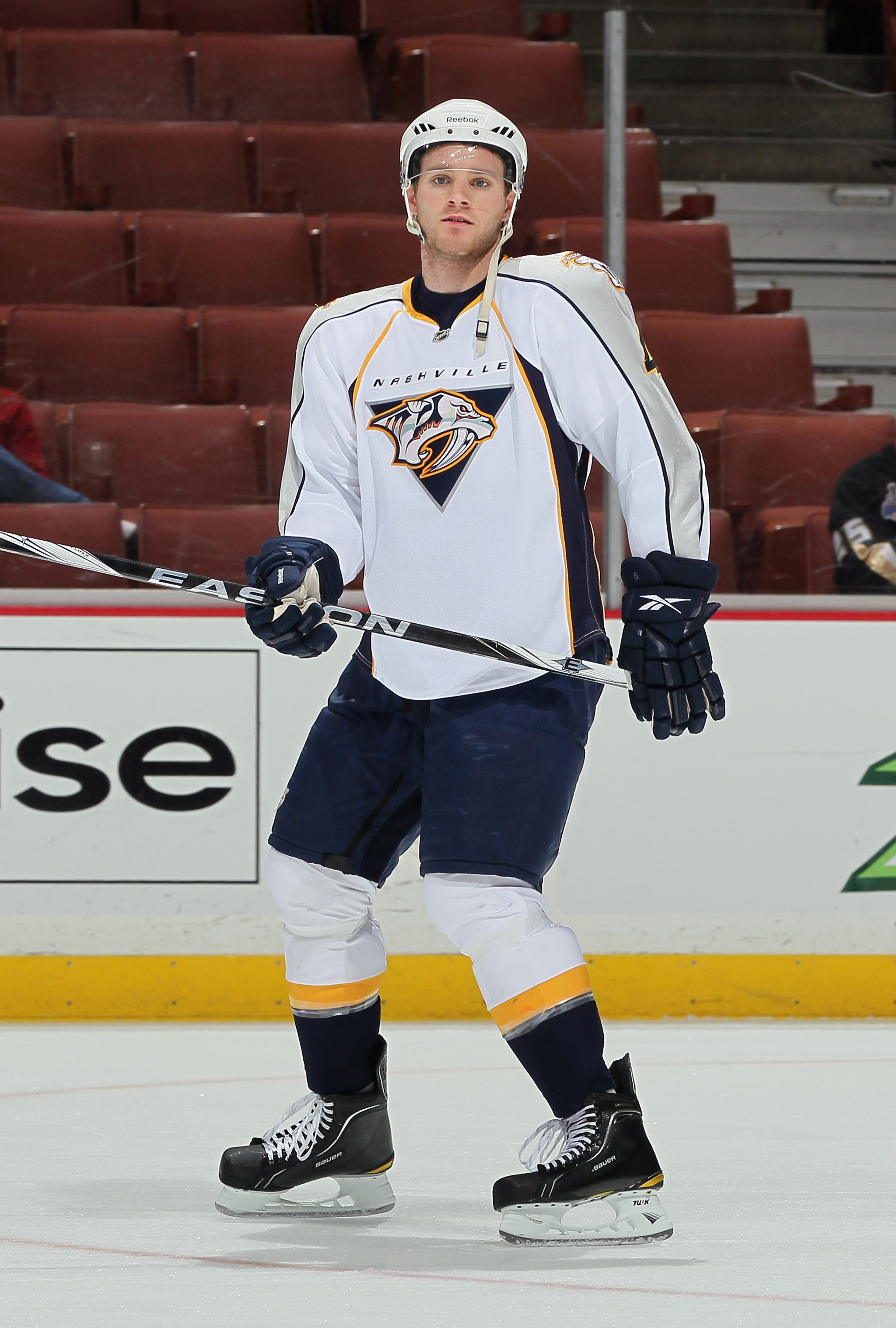 ANAHEIM, CA - JANUARY 05:  Cody Franson #4 of the Nashville Predators skates prior to the start of the game against the Anaheim Ducks at the Honda Center on January 5, 2011 in Anaheim, California.  (Photo by Jeff Gross/Getty Images)