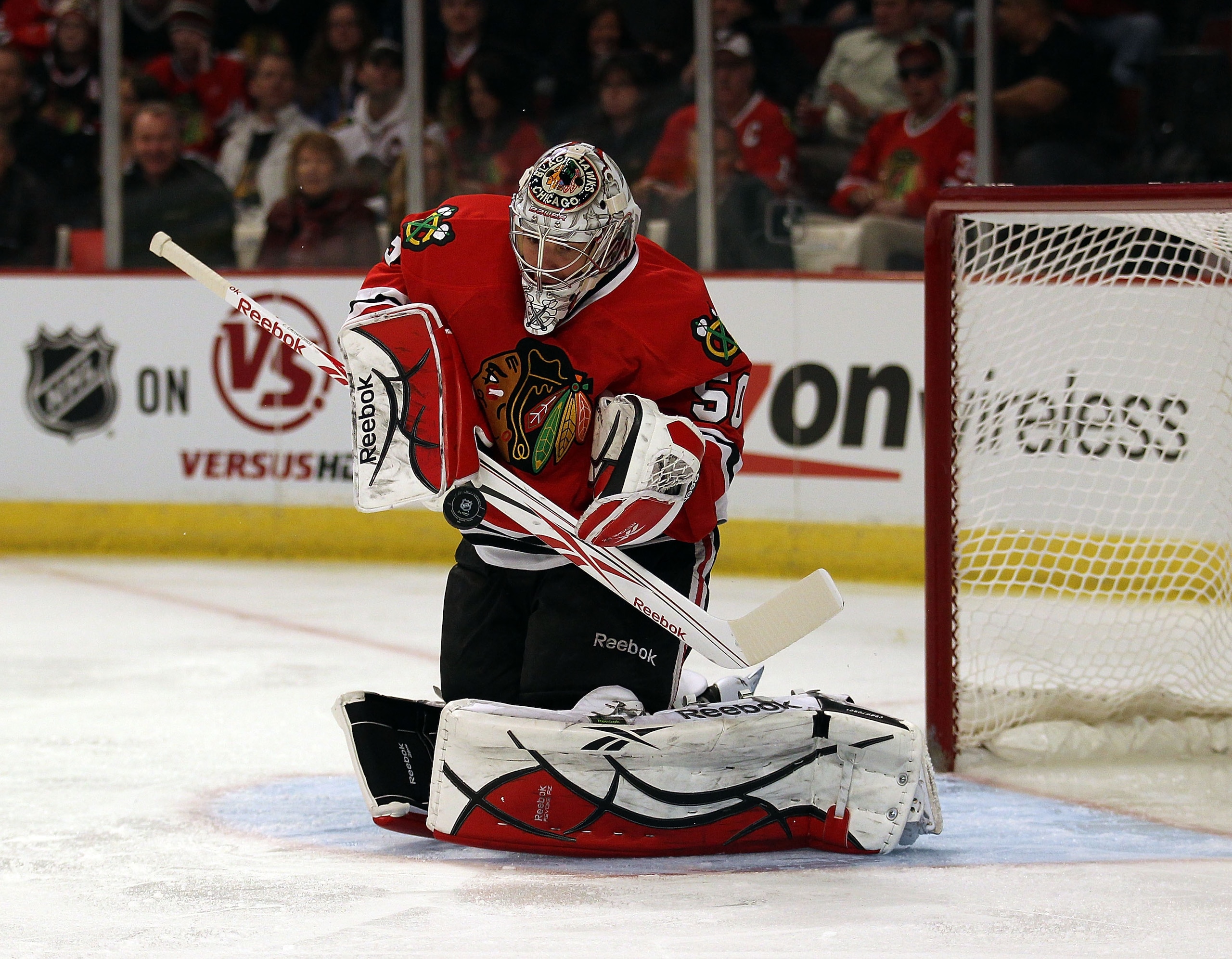 CHICAGO, IL - FEBRUARY 16: Corey Crawford #50 of the Chicago Blackhawks makes a save against the Minnesota Wild at the United Center on February 16, 2011 in Chicago, Illinois. The Blackhawks defeated the Wild 3-1. (Photo by Jonathan Daniel/Getty Images) CHICAGO, IL - FEBRUARY 16: Corey Crawford #50 of the Chicago Blackhawks makes a save against the Minnesota Wild at the United Center on February 16, 2011 in Chicago, Illinois. The Blackhawks defeated the Wild 3-1. (Photo by Jonathan Daniel/Getty Images)