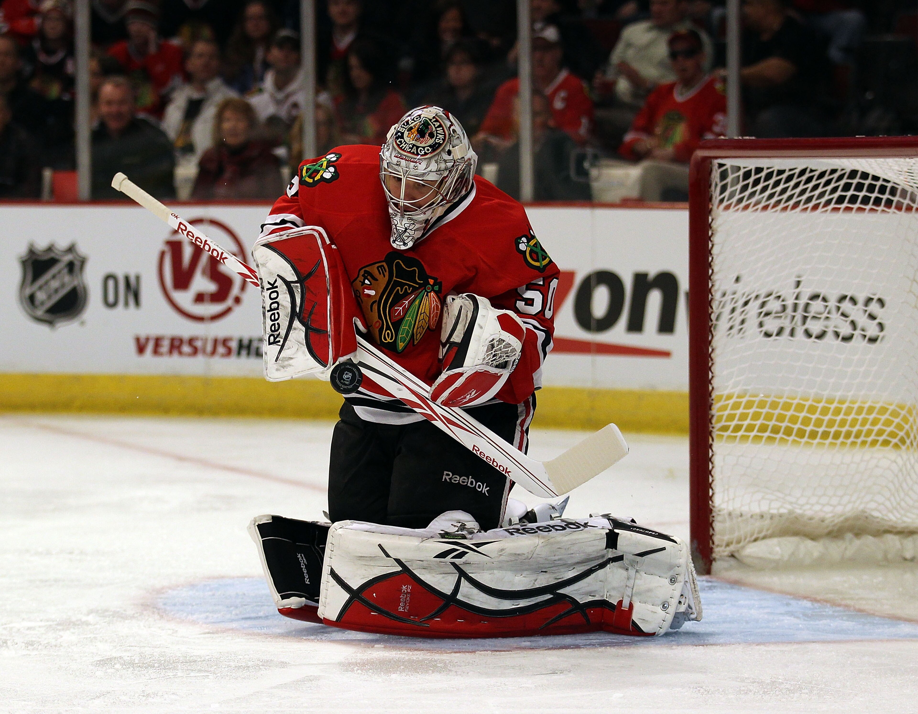 CHICAGO, IL - FEBRUARY 16: Corey Crawford #50 of the Chicago Blackhawks makes a save against the Minnesota Wild at the United Center on February 16, 2011 in Chicago, Illinois. The Blackhawks defeated the Wild 3-1. (Photo by Jonathan Daniel/Getty Images)