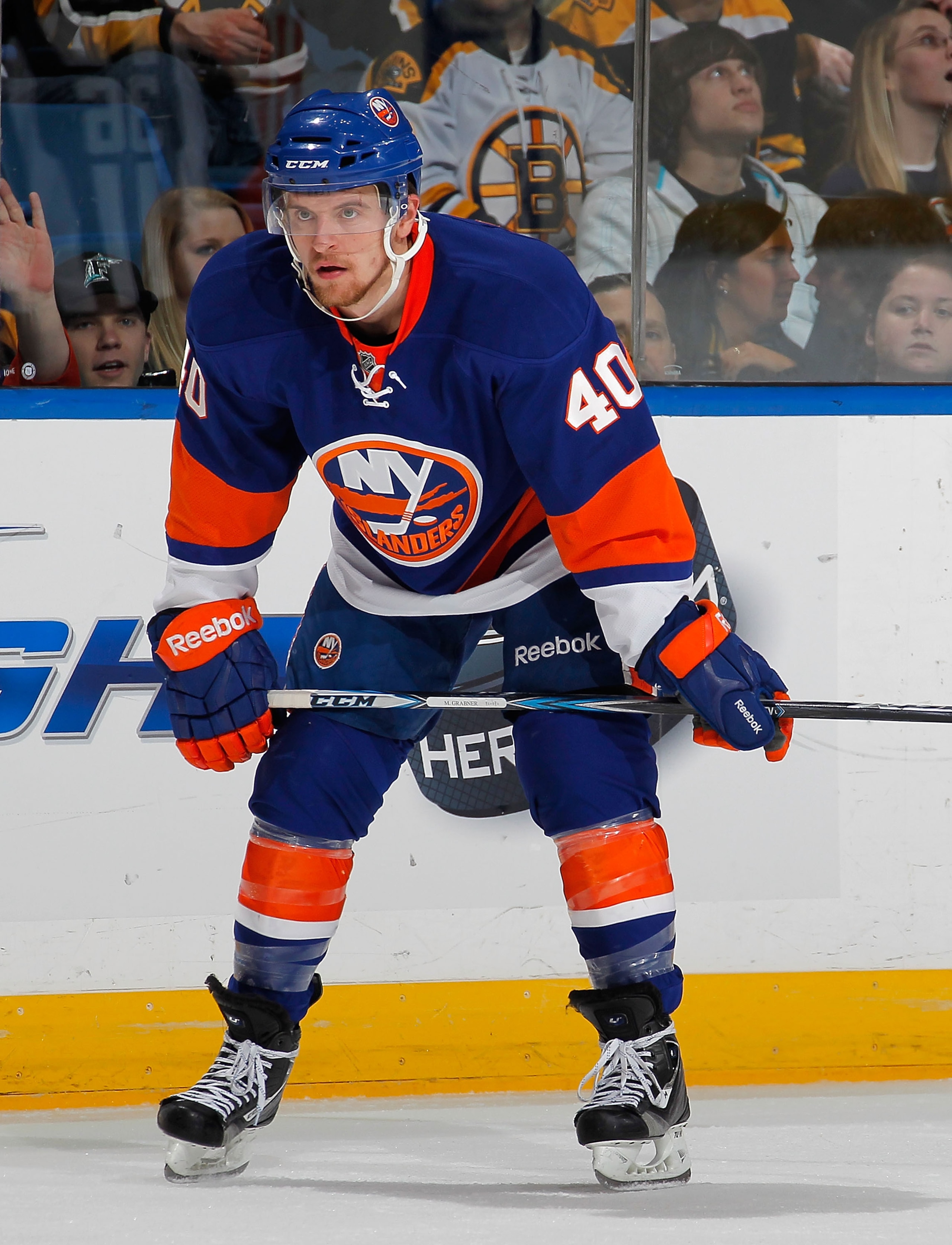 UNIONDALE, NY - FEBRUARY 17: Michael Grabner #40 of the New York Islanders waits for a faceoff during an NHL hockey game against the Boston Bruins at the Nassau Coliseum on February 17, 2011 in Uniondale, New York. (Photo by Paul Bereswill/Getty Images) UNIONDALE, NY - FEBRUARY 17: Michael Grabner #40 of the New York Islanders waits for a faceoff during an NHL hockey game against the Boston Bruins at the Nassau Coliseum on February 17, 2011 in Uniondale, New York. (Photo by Paul Bereswill/Getty Images)