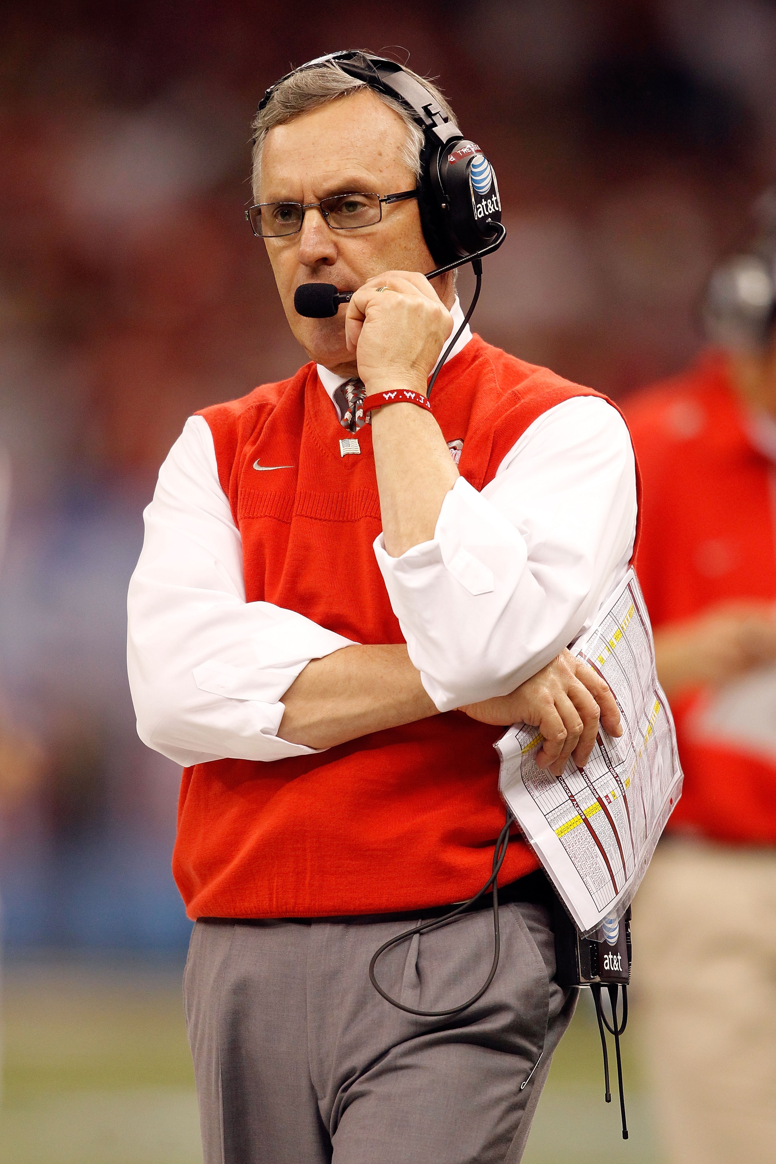 NEW ORLEANS, LA - JANUARY 04: Head coach Jim Tressel of the Ohio State Buckeyes looks on against the Arkansas Razorbacks during the Allstate Sugar Bowl at the Louisiana Superdome on January 4, 2011 in New Orleans, Louisiana. (Photo by Matthew Stockman/G NEW ORLEANS, LA - JANUARY 04: Head coach Jim Tressel of the Ohio State Buckeyes looks on against the Arkansas Razorbacks during the Allstate Sugar Bowl at the Louisiana Superdome on January 4, 2011 in New Orleans, Louisiana. (Photo by Matthew Stockman/G