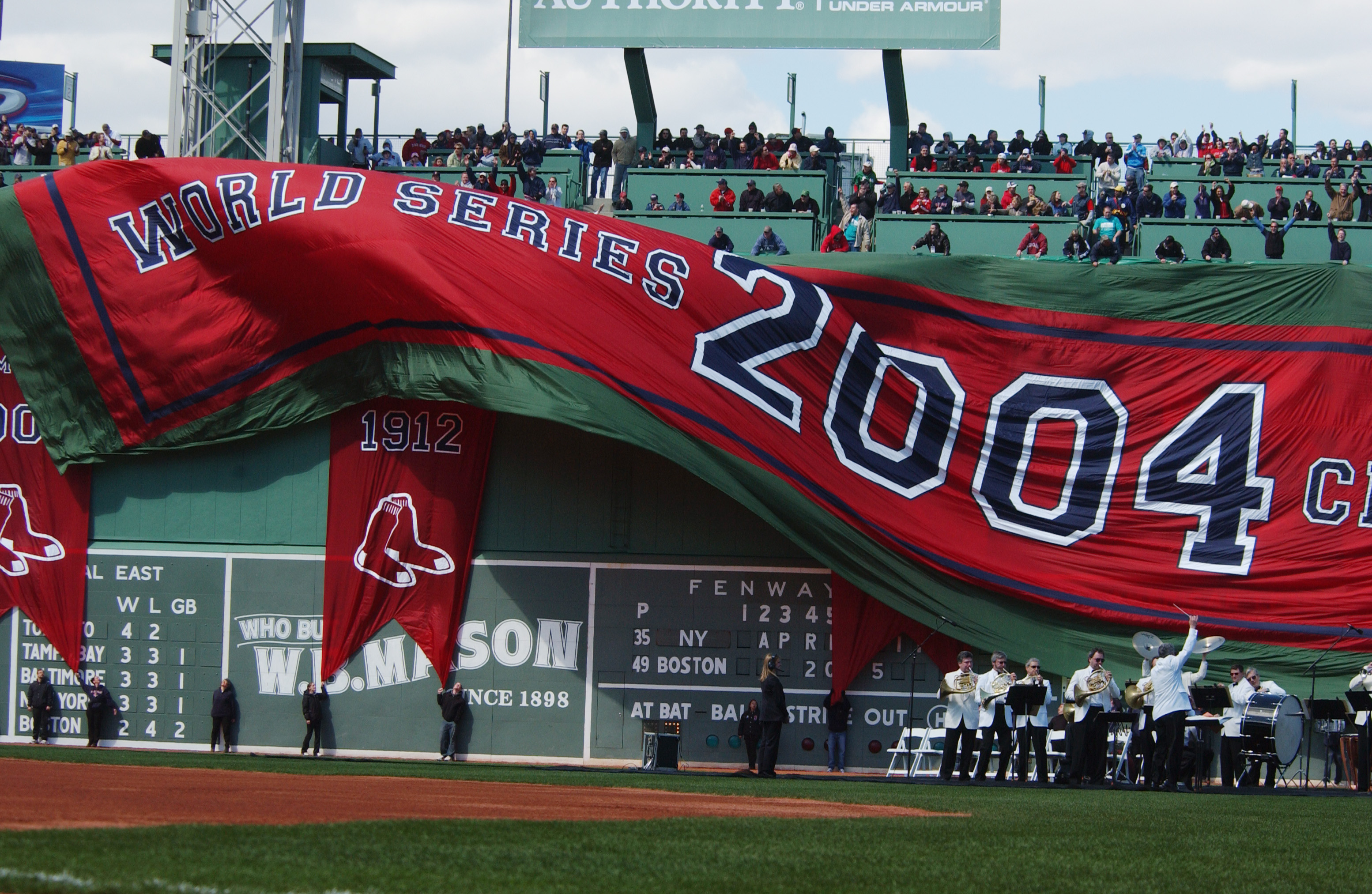 With the Boston Red Sox 2004 World Championship banner hanging