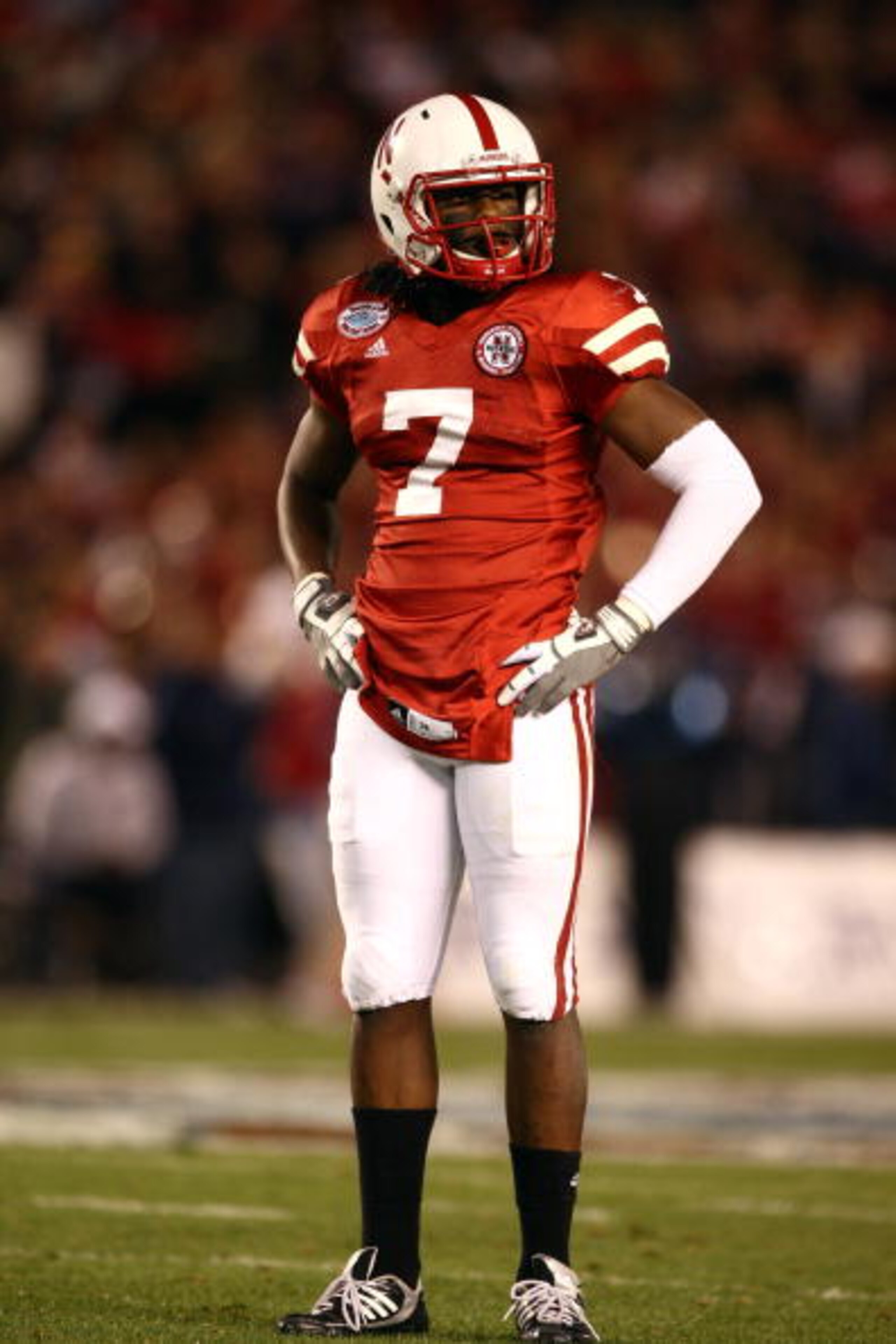 SAN DIEGO - DECEMBER 30:  Dejon Gomes #7 of the University of Nebraska Cornhuskers looks on during the Pacific Life Holiday Bowl against University of Arizona Wildcats on December 30, 2009 at Qualcomm Stadium in San Diego, California. The Cornhuskers defe