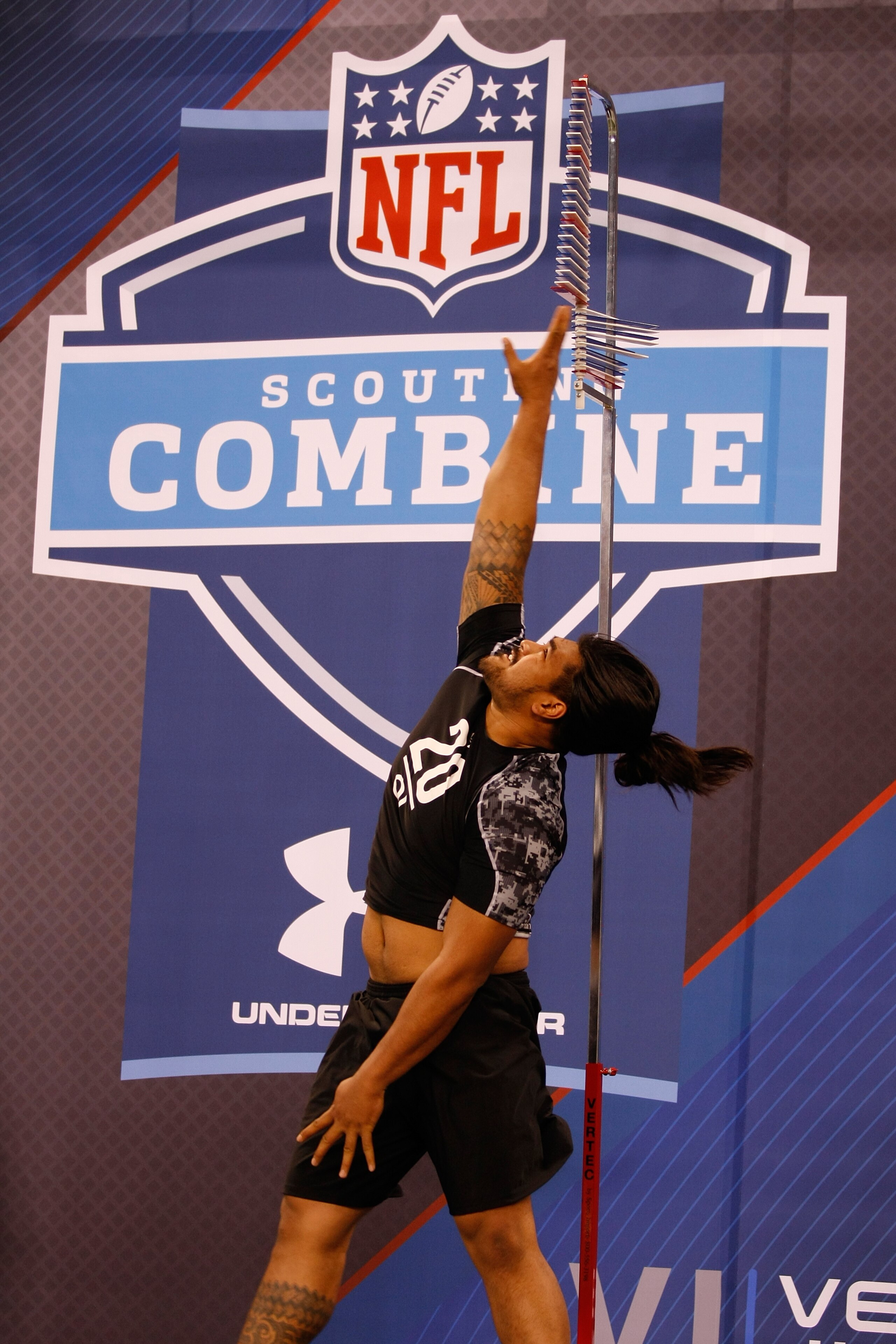 INDIANAPOLIS, IN - FEBRUARY 27: Offensive lineman Mike Iupati of Idaho performs the vertical leap during the NFL Scouting Combine presented by Under Armour at Lucas Oil Stadium on February 27, 2010 in Indianapolis, Indiana. (Photo by Scott Boehm/Getty Ima
