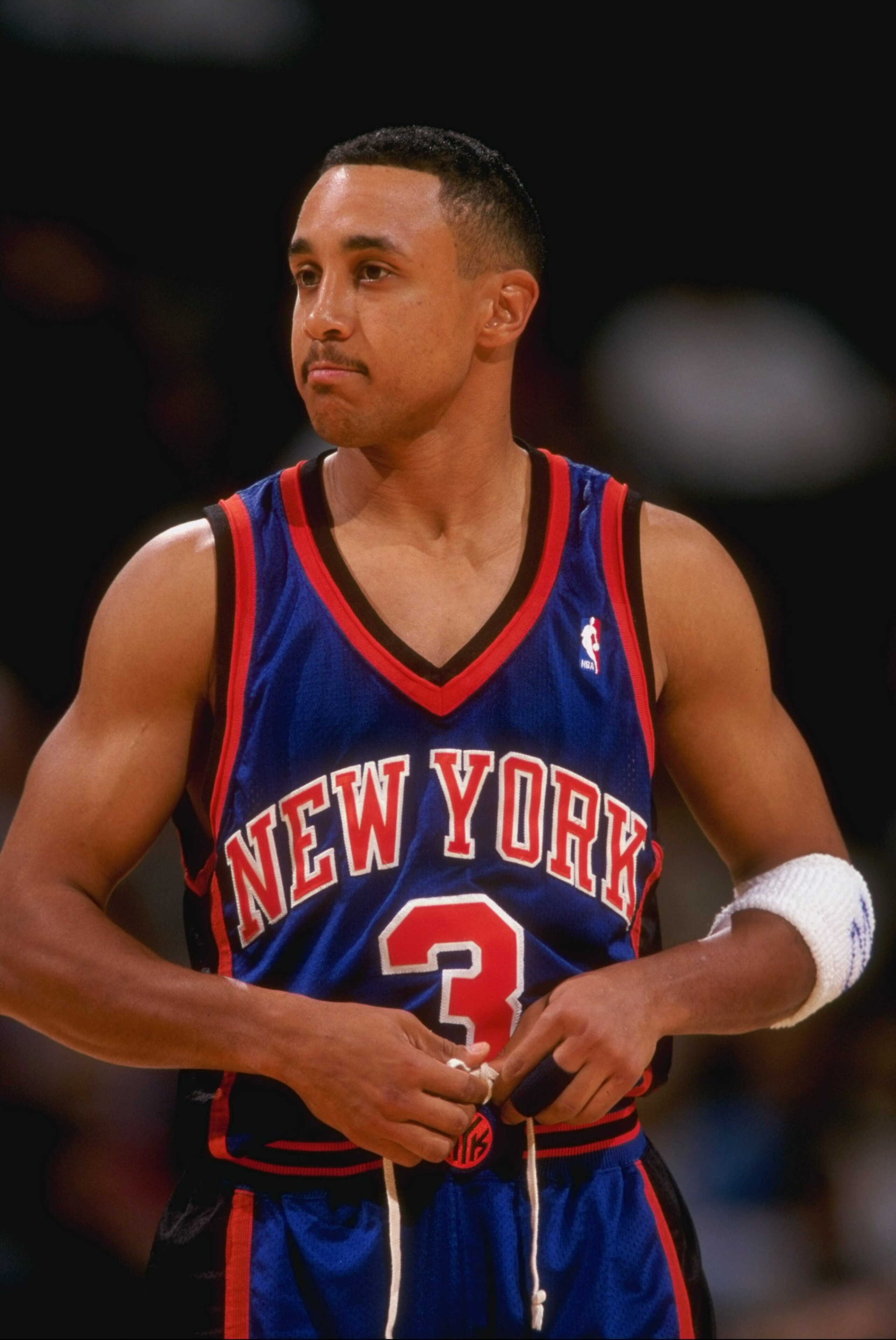 4 Dec 1997:  Guard John Starks of the New York Knicks looks on during a game against the Dallas Mavericks at the Reunion Arena in Dallas, Texas.  The Mavericks won the game, 105-91. Mandatory Credit: Stephen Dunn  /Allsport