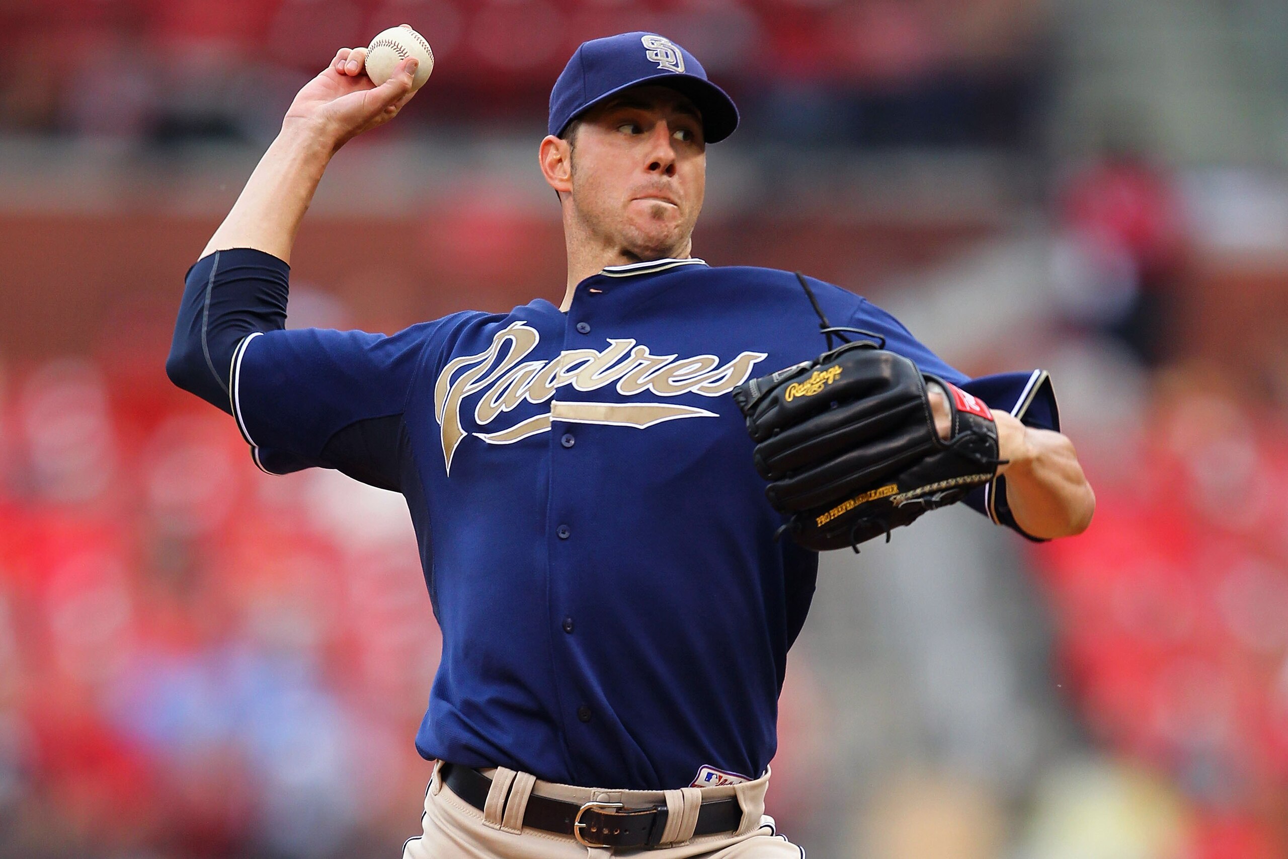 ST. LOUIS - SEPTEMBER 19: Starter Jon Garland #27 of the San Diego Padres pitches against the St. Louis Cardinals at Busch Stadium on September 19, 2010 in St. Louis, Missouri.  The Cardinals beat the Padres 4-1.  (Photo by Dilip Vishwanat/Getty Images)