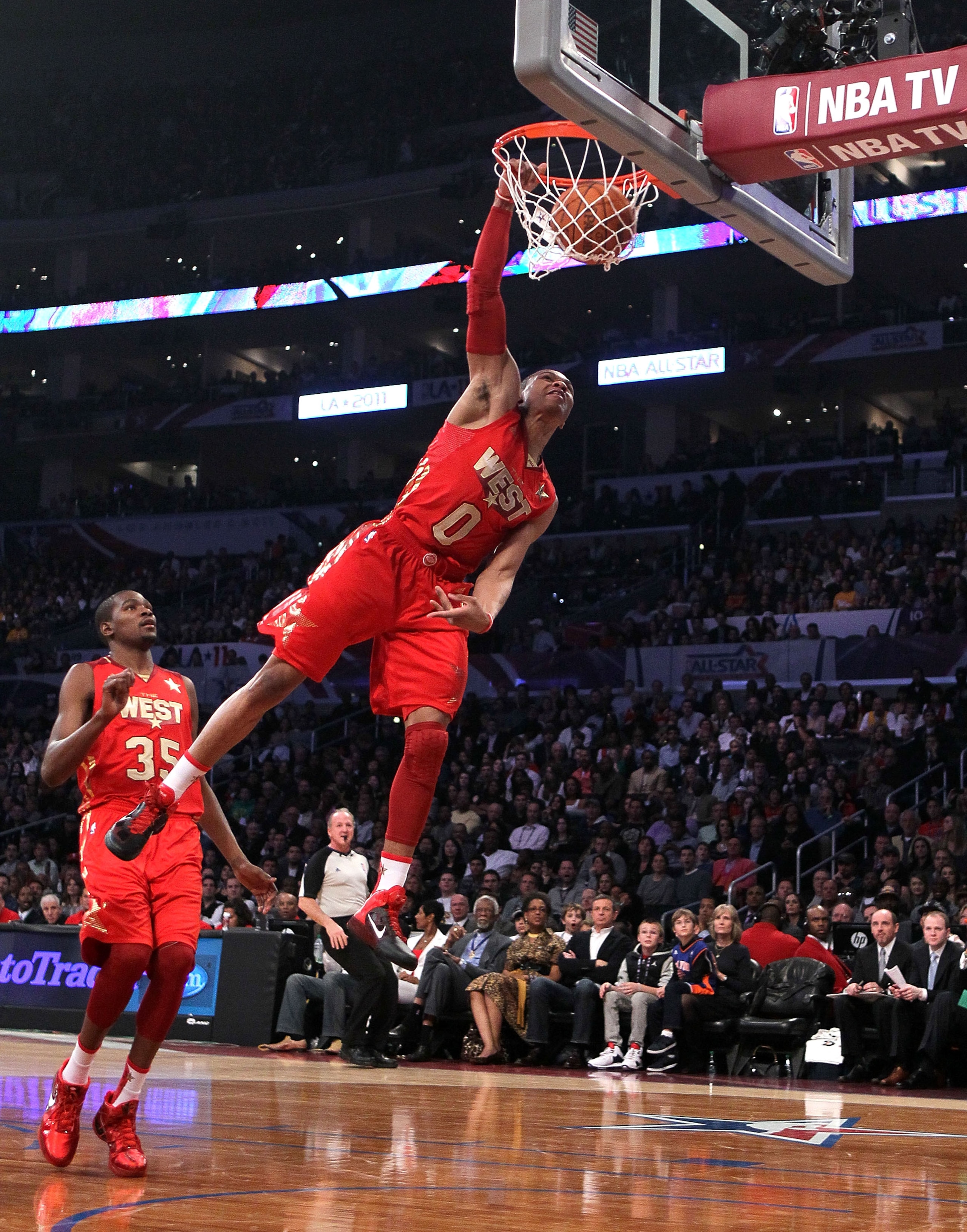 LOS ANGELES, CA - FEBRUARY 20: Russell Westbrook #0 of the Oklahoma City Thunder and the Western Conference goes up to dunk the ball in the first half in the 2011 NBA All-Star Game at Staples Center on February 20, 2011 in Los Angeles, California. NOTE T LOS ANGELES, CA - FEBRUARY 20: Russell Westbrook #0 of the Oklahoma City Thunder and the Western Conference goes up to dunk the ball in the first half in the 2011 NBA All-Star Game at Staples Center on February 20, 2011 in Los Angeles, California. NOTE T