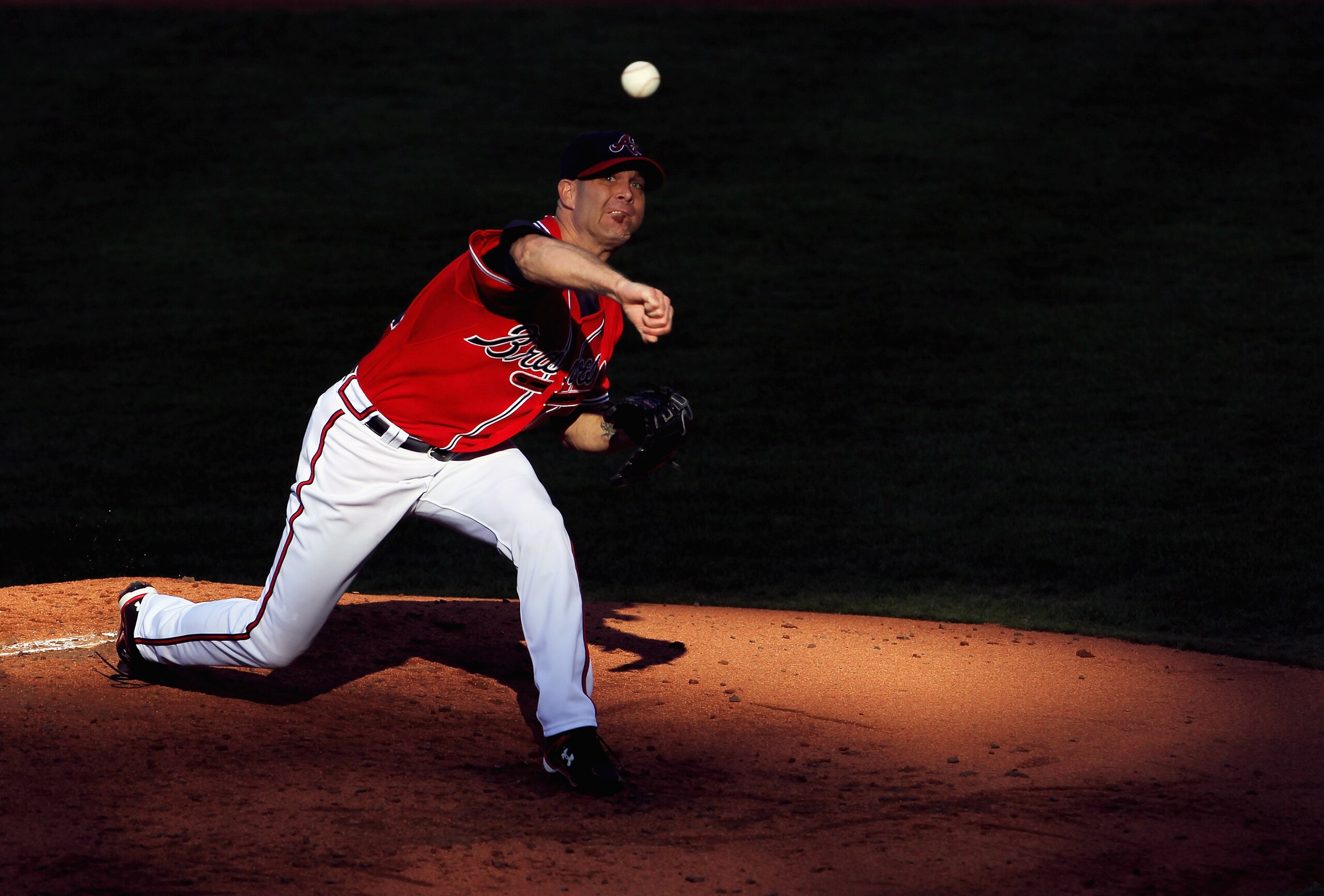 ATLANTA - OCTOBER 10:  Starting pitcher Tim Hudson #15 of the Atlanta Braves pitches during Game Three of the NLDS of the 2010 MLB Playoffs against the San Francisco Giants on October 10, 2010 at Turner Field in Atlanta, Georgia.  (Photo by Jamie Squire/G