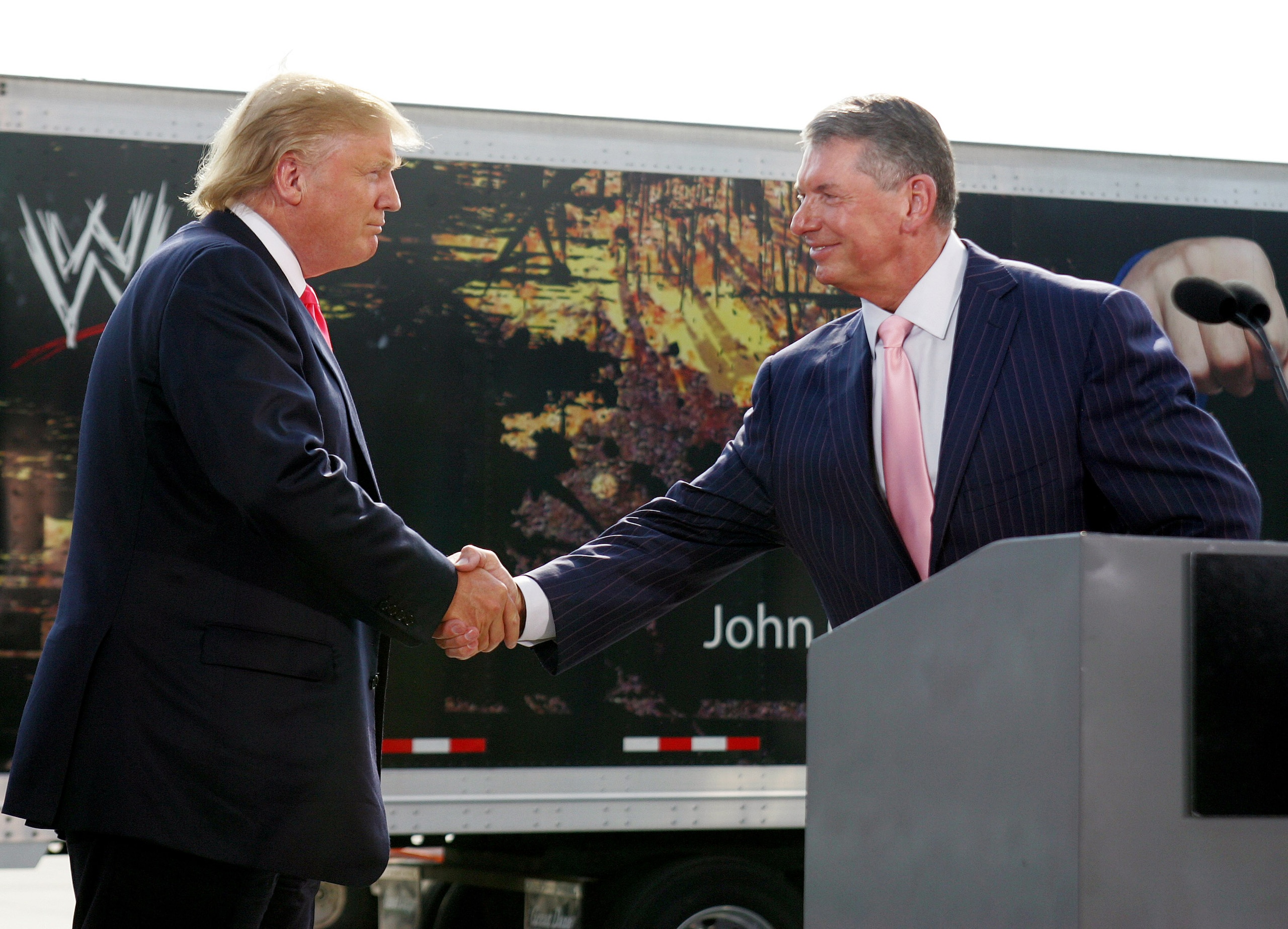 GREEN BAY, WI - JUNE 22:  Vince McMahon (R) and Donald Trump attend a press conference about the WWE at the Austin Straubel International Airport on June 22, 2009 in Green Bay, Wisconsin.  (Photo by Mark A. Wallenfang/Getty Images)