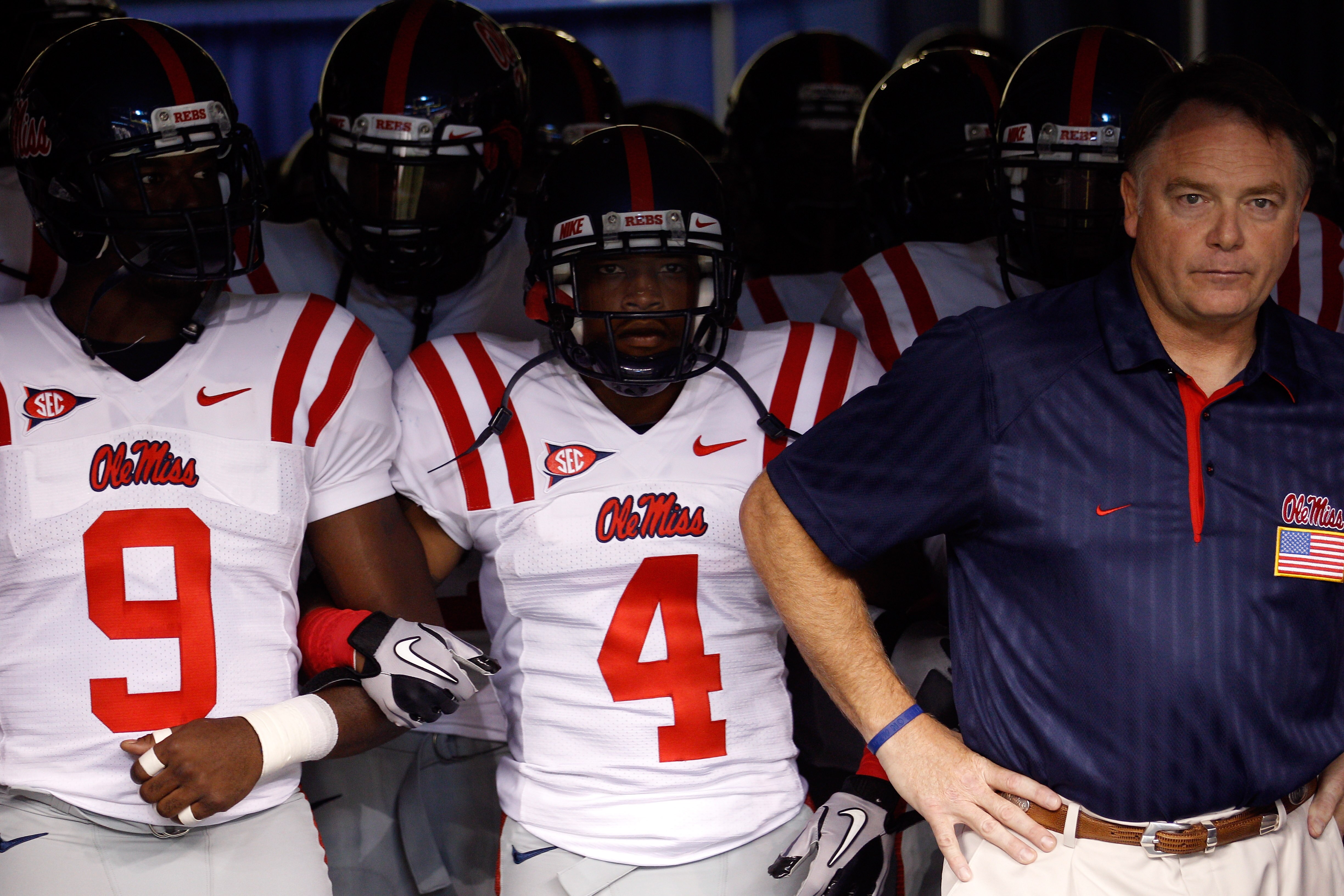 NEW ORLEANS - SEPTEMBER 11:  Head coach Houston Nutt of the Ole Miss Rebels waits to take the field with his team before playing the Tulane Green Wave at the Louisiana Superdome on September 11, 2010 in New Orleans, Louisiana.  (Photo by Chris Graythen/Ge