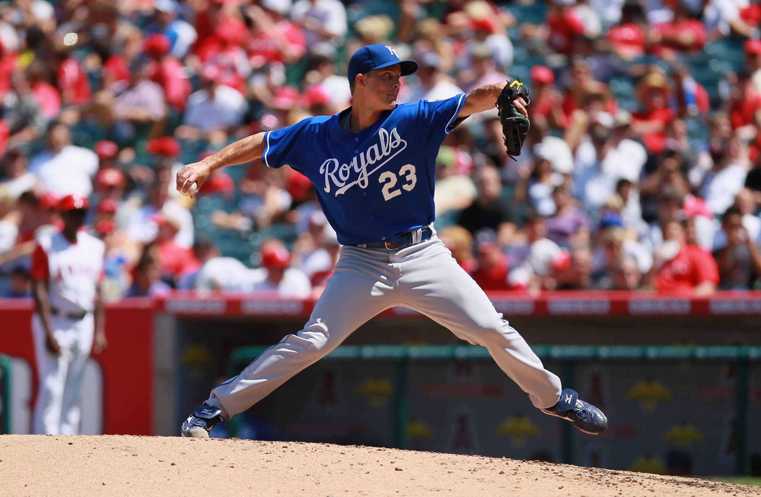 ANAHEIM, CA - AUGUST 11:  Zack Greinke #23 of the Kansas City Royals pitches against the Los Angeles Angels of Anaheim at Angel Stadium on August 11, 2010 in Anaheim, California.  (Photo by Jeff Gross/Getty Images)