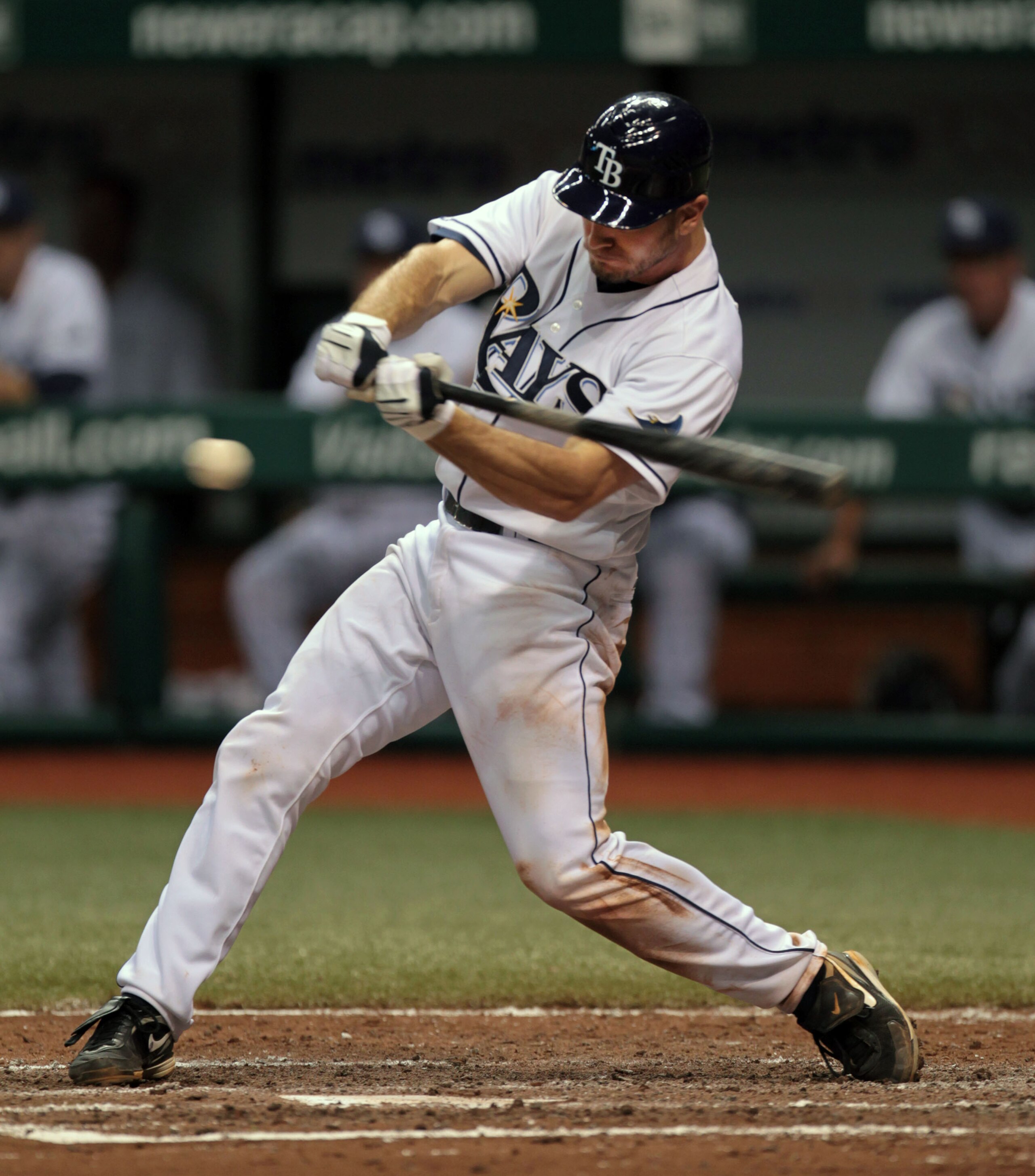 ST PETERSBURG, FL - SEPTEMBER 25: John Jaso #28 of the Tampa Bay Rays hits a double against the Seattle Mariners at Tropicana Field on September 25, 2010 in St. Petersburg, Florida. (Photo by Eliot J. Schechter/Getty Images)