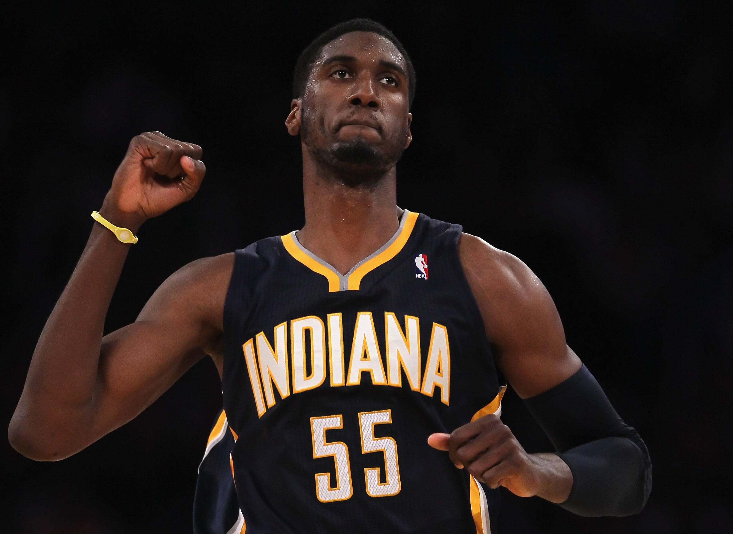 LOS ANGELES, CA - NOVEMBER 28: Roy Hibbert #55 of the Indiana Pacers celebrates after making a basket late in the fourth quarter against the Los Angeles Lakers at Staples Center on November 28, 2010 in Los Angeles, California. The Pacers defeated the Lak LOS ANGELES, CA - NOVEMBER 28: Roy Hibbert #55 of the Indiana Pacers celebrates after making a basket late in the fourth quarter against the Los Angeles Lakers at Staples Center on November 28, 2010 in Los Angeles, California. The Pacers defeated the Lak