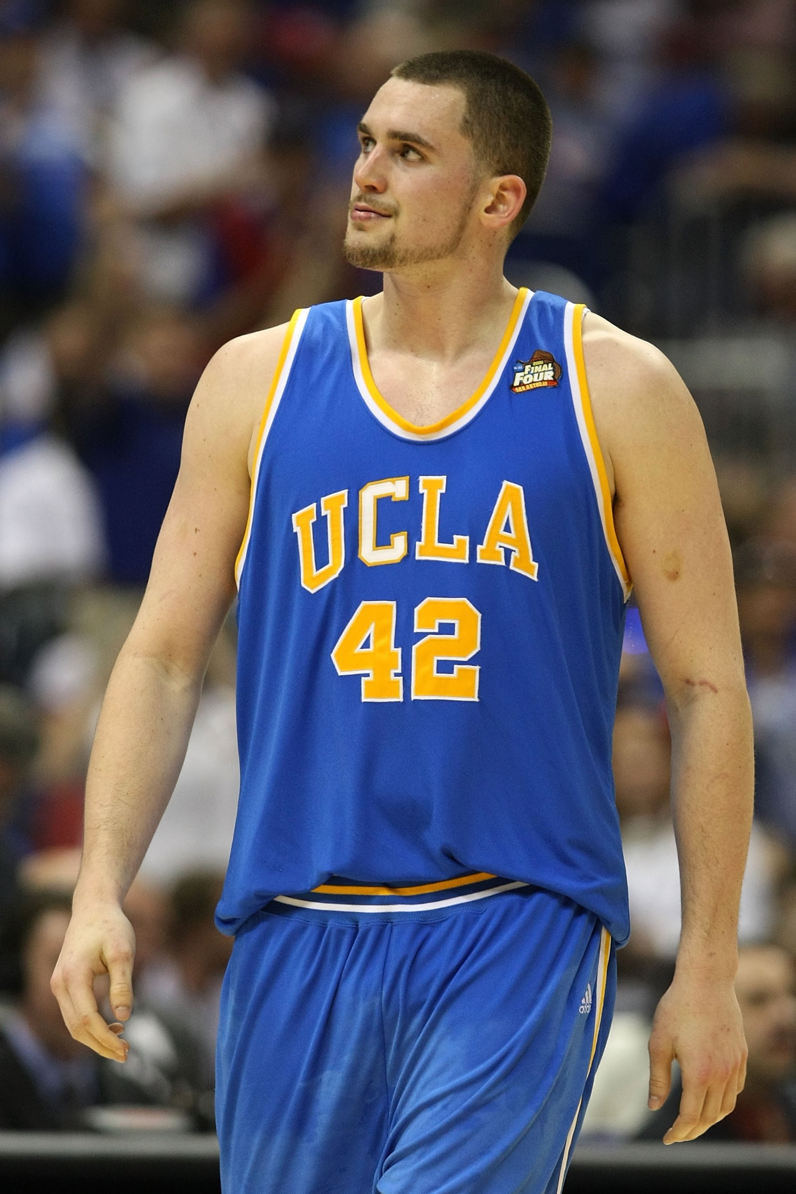 SAN ANTONIO - APRIL 05: Kevin Love #42 of the UCLA Bruins reacts while playing the Memphis Tigers during the National Semifinal game of the NCAA Men's Final Four at the Alamodome on April 5, 2008 in San Antonio, Texas. (Photo by Jed Jacobsohn/Getty Imag SAN ANTONIO - APRIL 05: Kevin Love #42 of the UCLA Bruins reacts while playing the Memphis Tigers during the National Semifinal game of the NCAA Men's Final Four at the Alamodome on April 5, 2008 in San Antonio, Texas. (Photo by Jed Jacobsohn/Getty Imag
