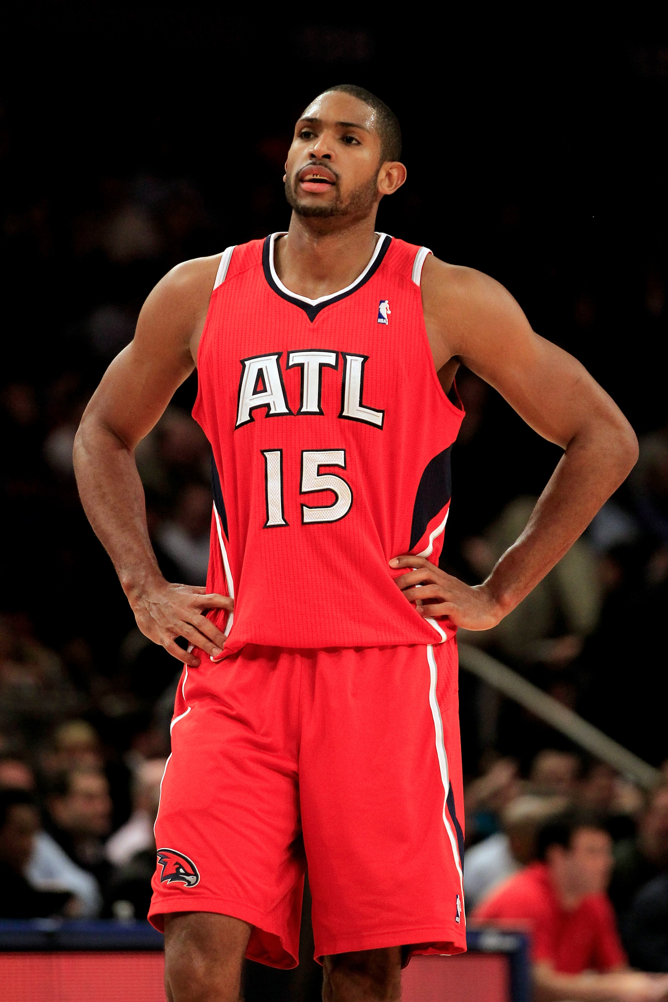 NEW YORK, NY - FEBRUARY 16: Al Horford #15 of the Atlanta Hawks on the court against the New York Knicks at Madison Square Garden on February 16, 2011 in New York City. NOTE TO USER: User expressly acknowledges and agrees that, by downloading and/or usin NEW YORK, NY - FEBRUARY 16: Al Horford #15 of the Atlanta Hawks on the court against the New York Knicks at Madison Square Garden on February 16, 2011 in New York City. NOTE TO USER: User expressly acknowledges and agrees that, by downloading and/or usin